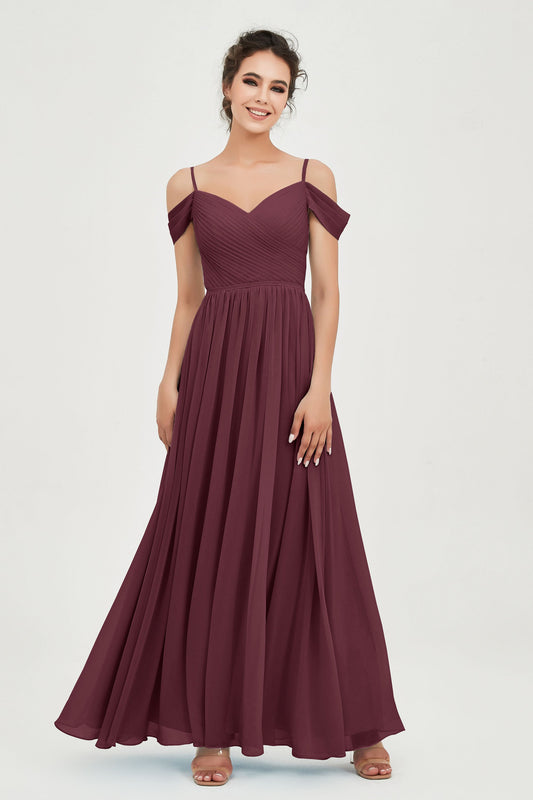 Spaghetti Straps Chiffon Pleated Ruched Bridesmaid Dress Long Formal Evening Dresses Gowns