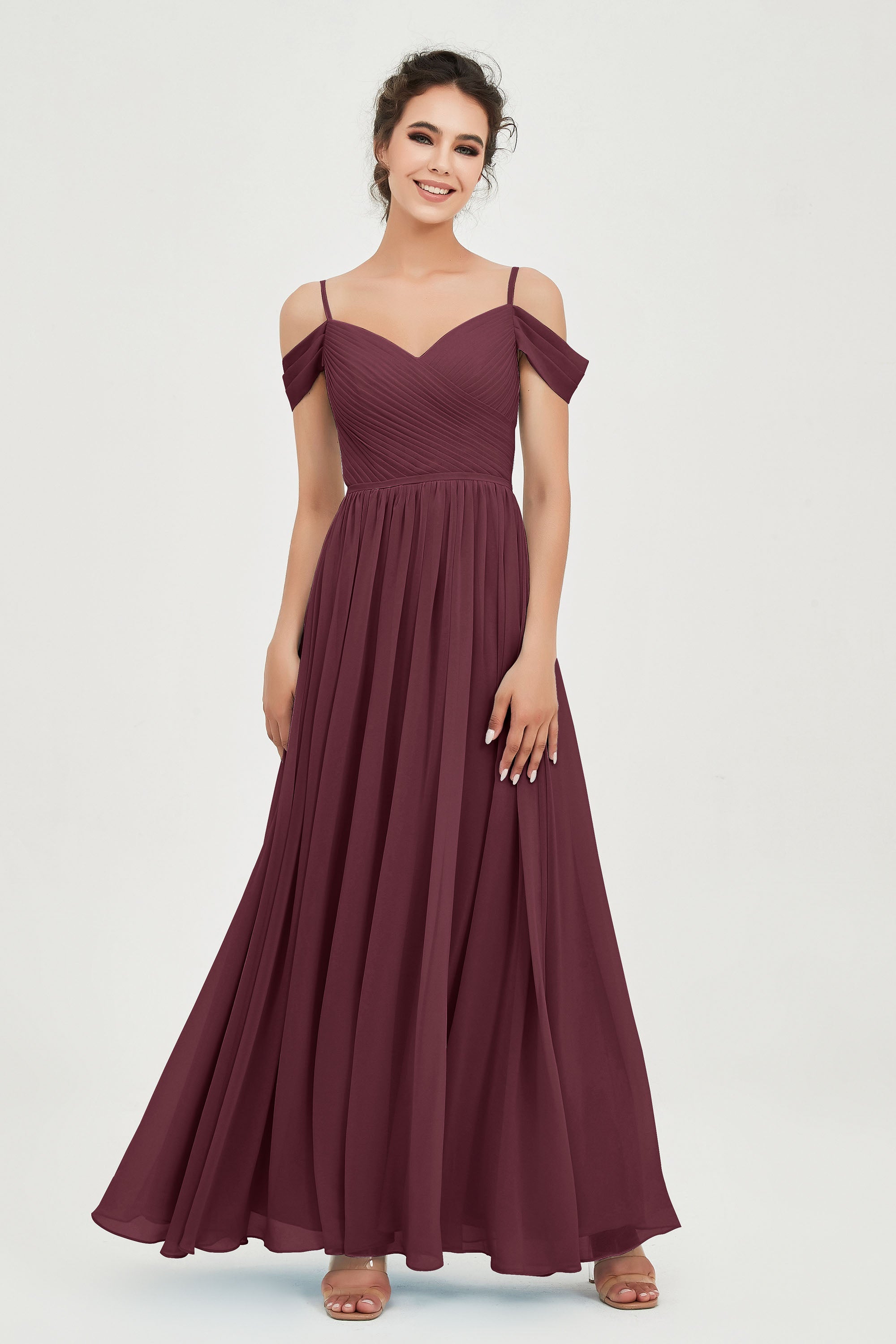Spaghetti Straps Chiffon Pleated Ruched Bridesmaid Dress Long Formal Evening Dresses Gowns