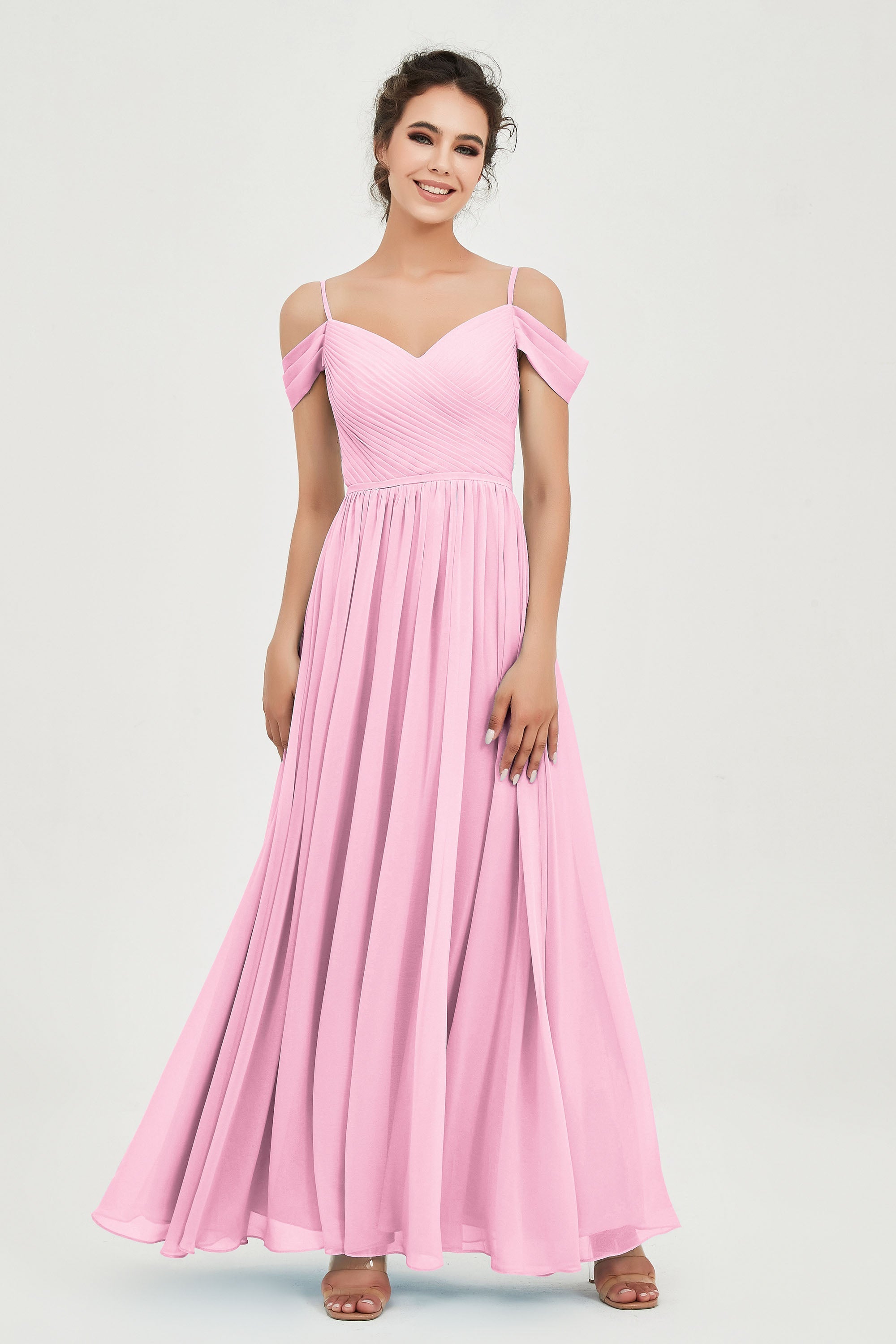 Spaghetti Straps Chiffon Pleated Ruched Bridesmaid Dress Long Formal Evening Dresses Gowns