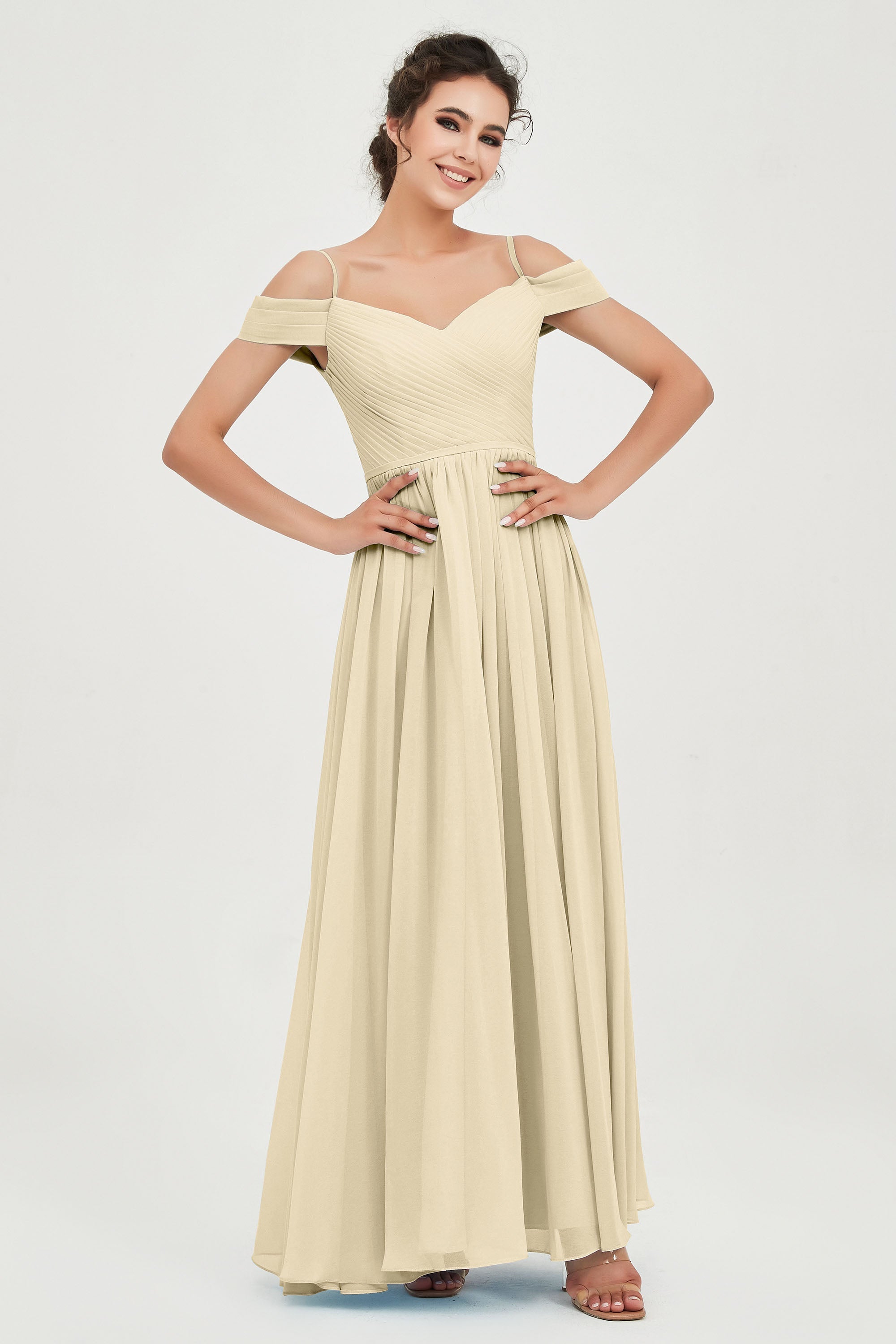 Spaghetti Straps Chiffon Pleated Ruched Bridesmaid Dress Long Formal Evening Dresses Gowns