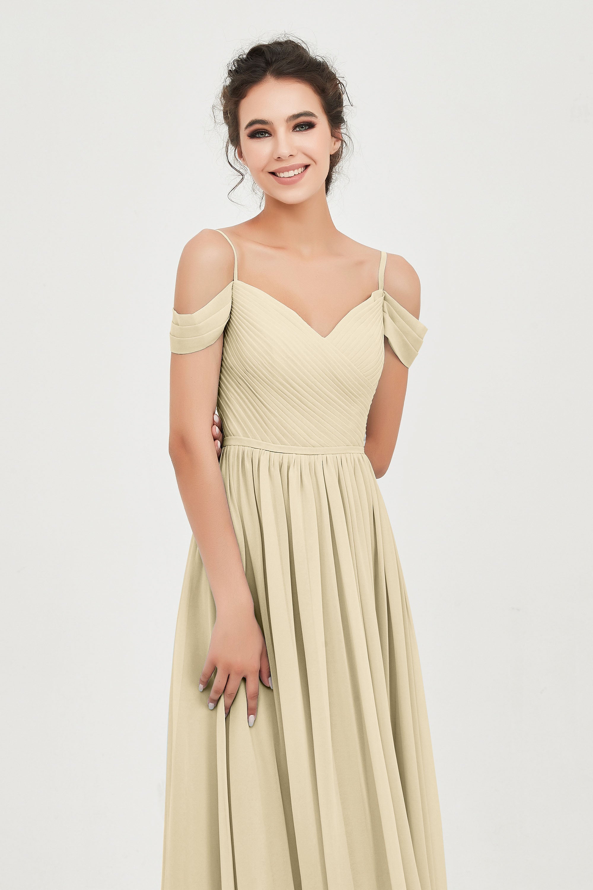 Spaghetti Straps Chiffon Pleated Ruched Bridesmaid Dress Long Formal Evening Dresses Gowns