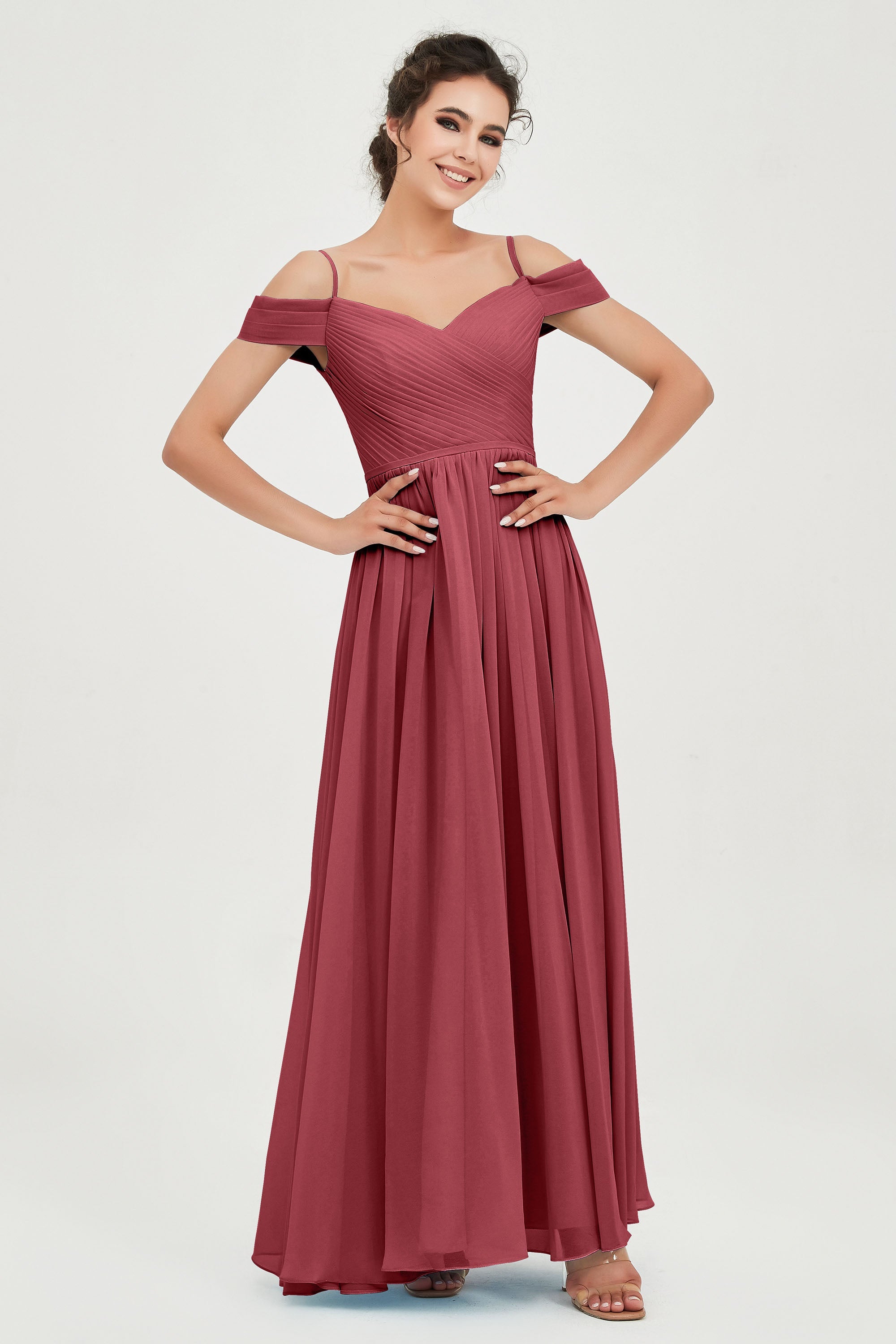 Spaghetti Straps Chiffon Pleated Ruched Bridesmaid Dress Long Formal Evening Dresses Gowns