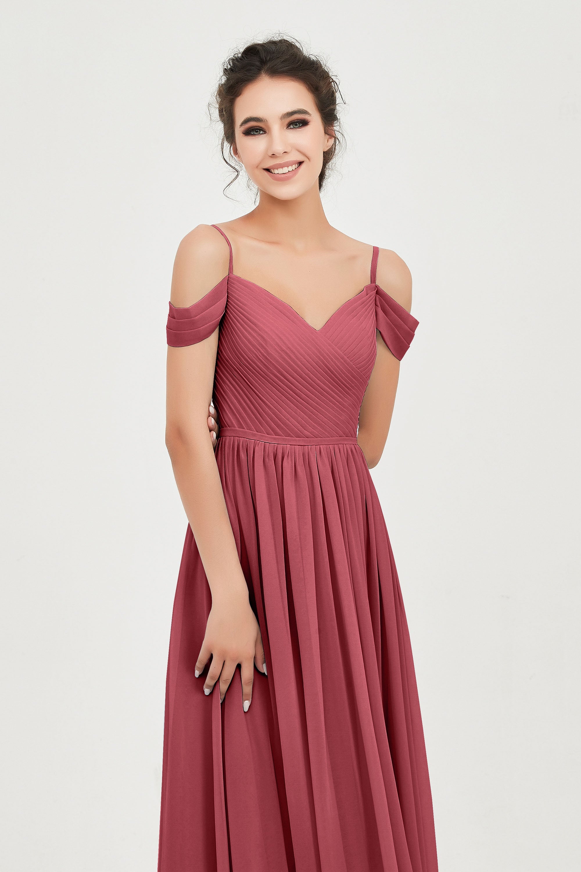 Spaghetti Straps Chiffon Pleated Ruched Bridesmaid Dress Long Formal Evening Dresses Gowns