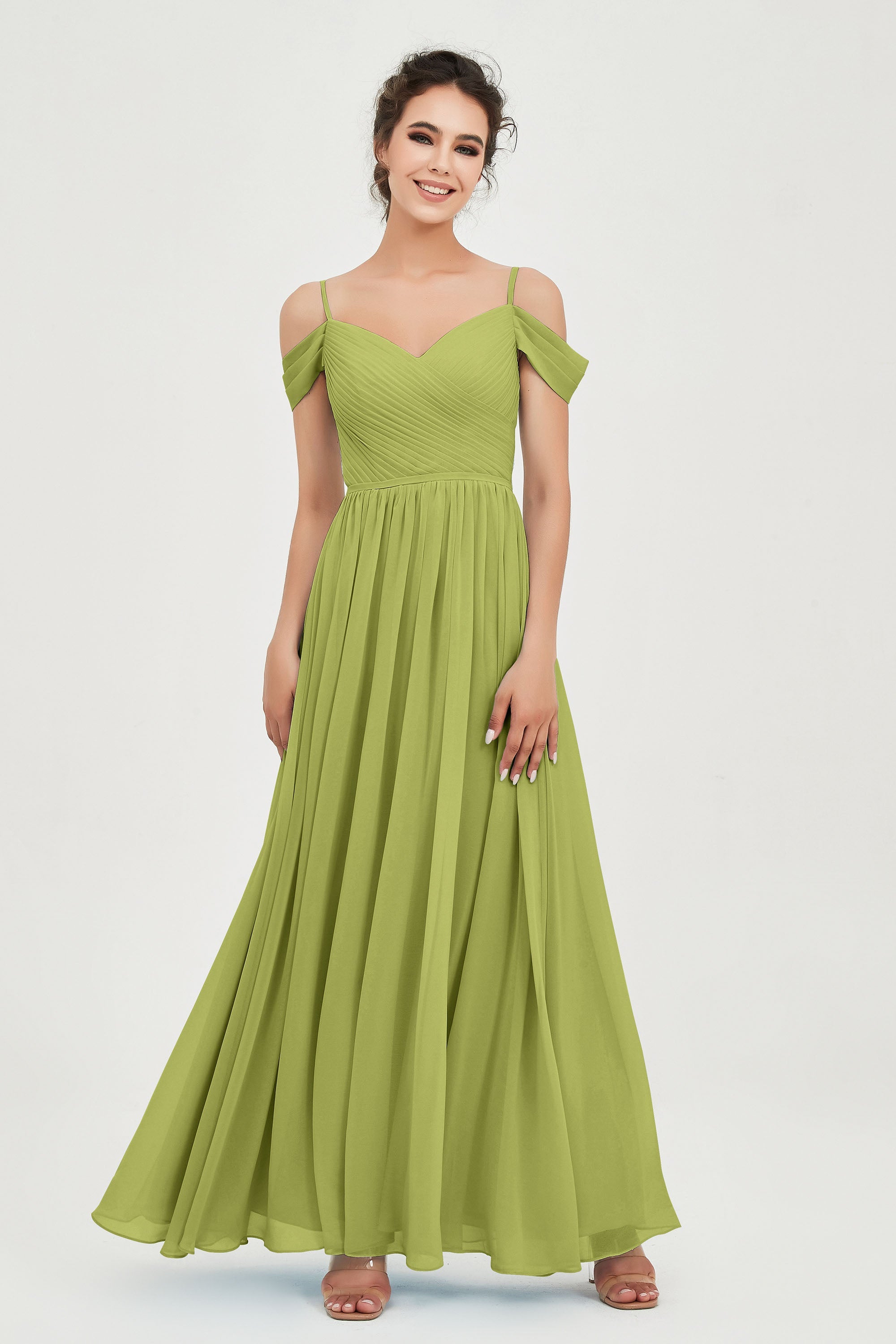 Spaghetti Straps Chiffon Pleated Ruched Bridesmaid Dress Long Formal Evening Dresses Gowns