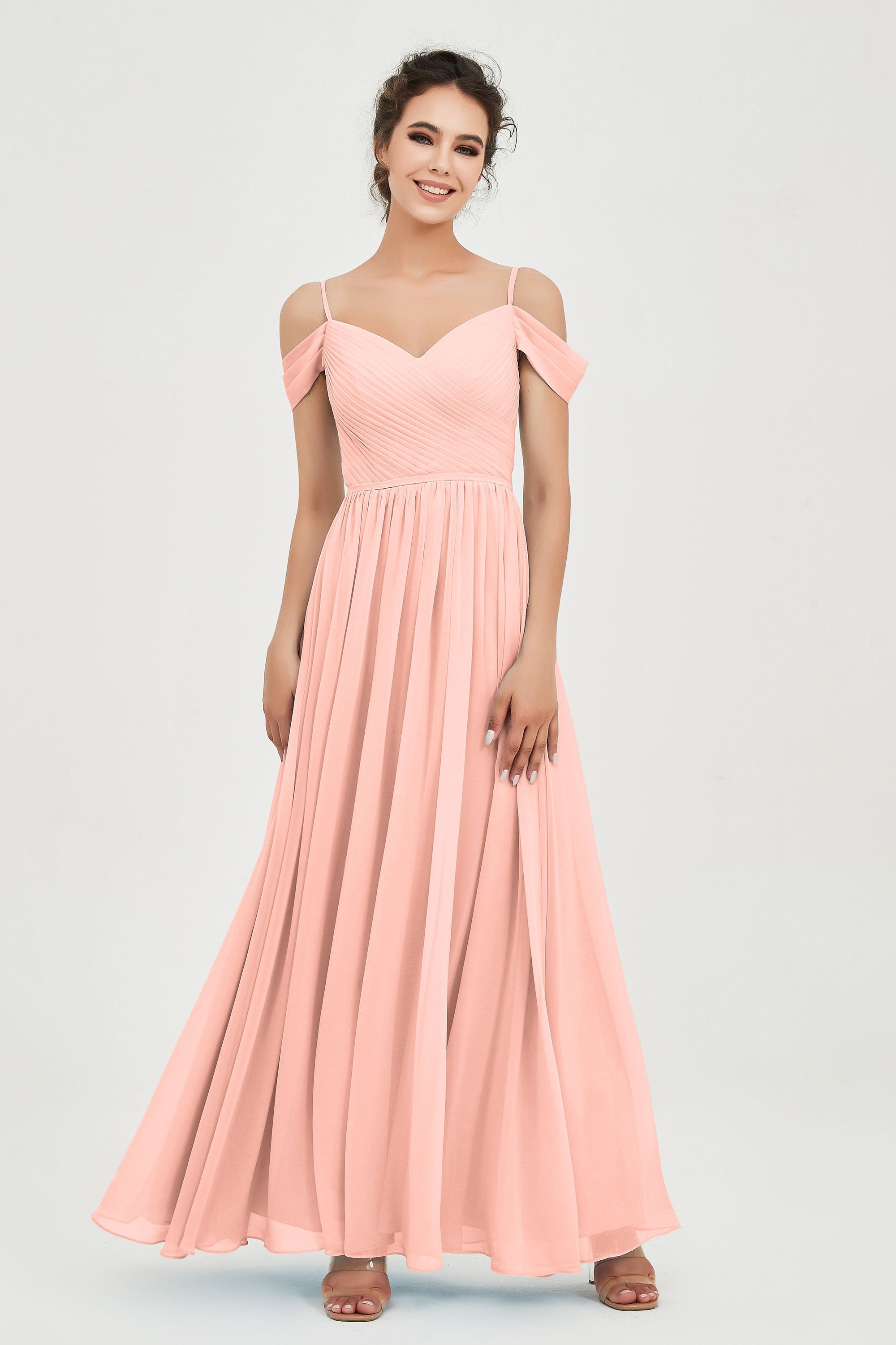 Spaghetti Straps Chiffon Pleated Ruched Bridesmaid Dress Long Formal Evening Dresses Gowns