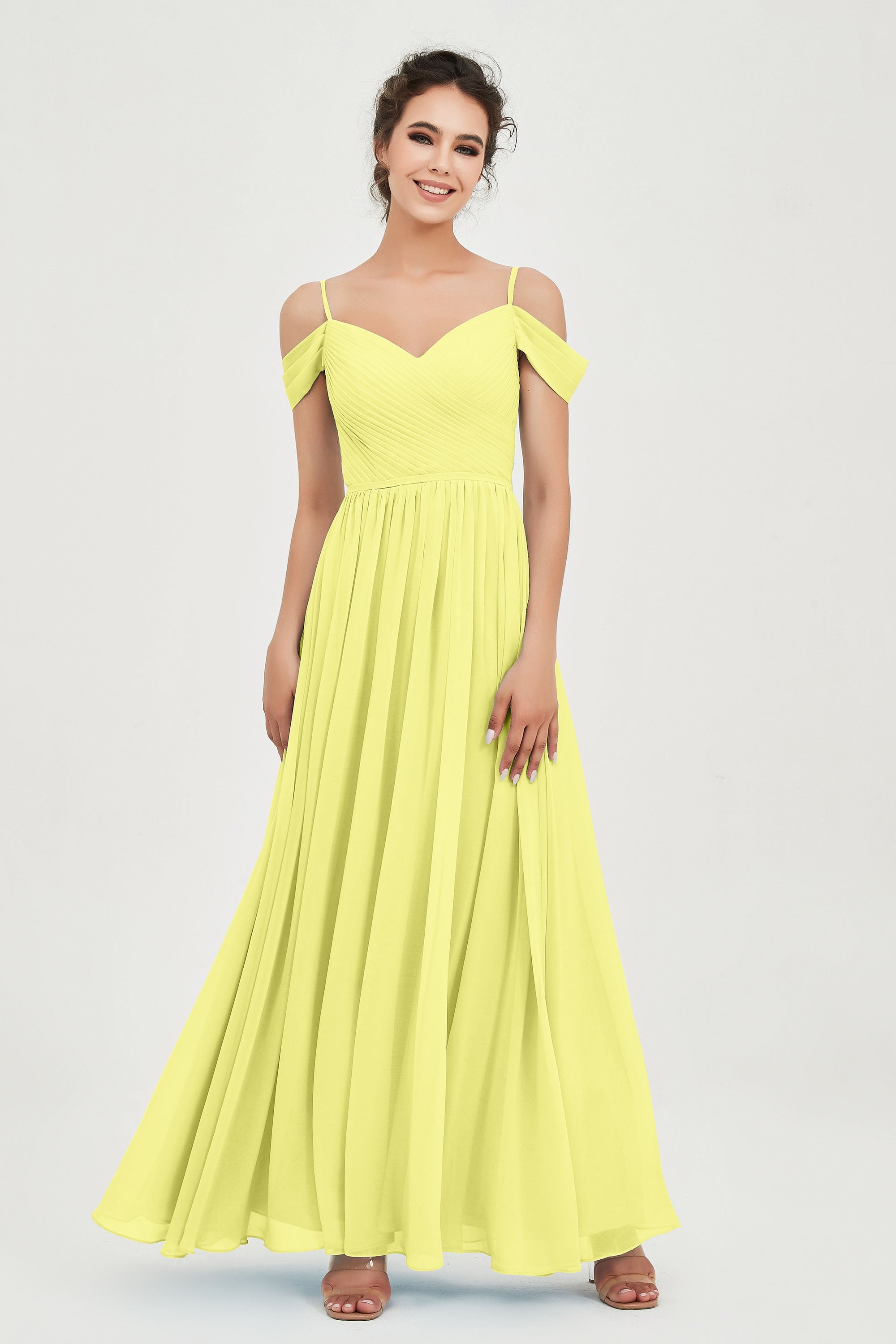 Spaghetti Straps Chiffon Pleated Ruched Bridesmaid Dress Long Formal Evening Dresses Gowns