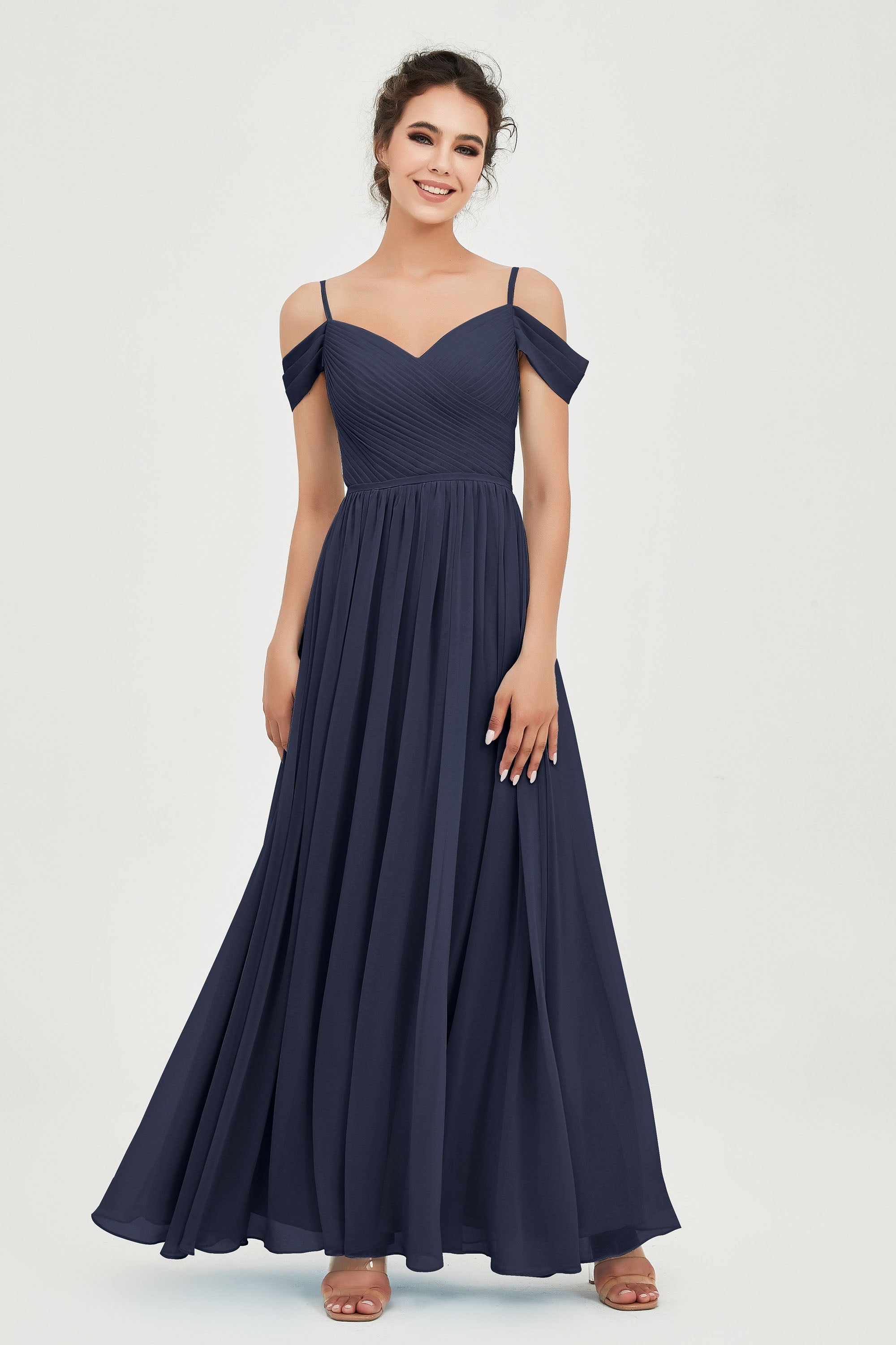 Spaghetti Straps Chiffon Pleated Ruched Bridesmaid Dress Long Formal Evening Dresses Gowns