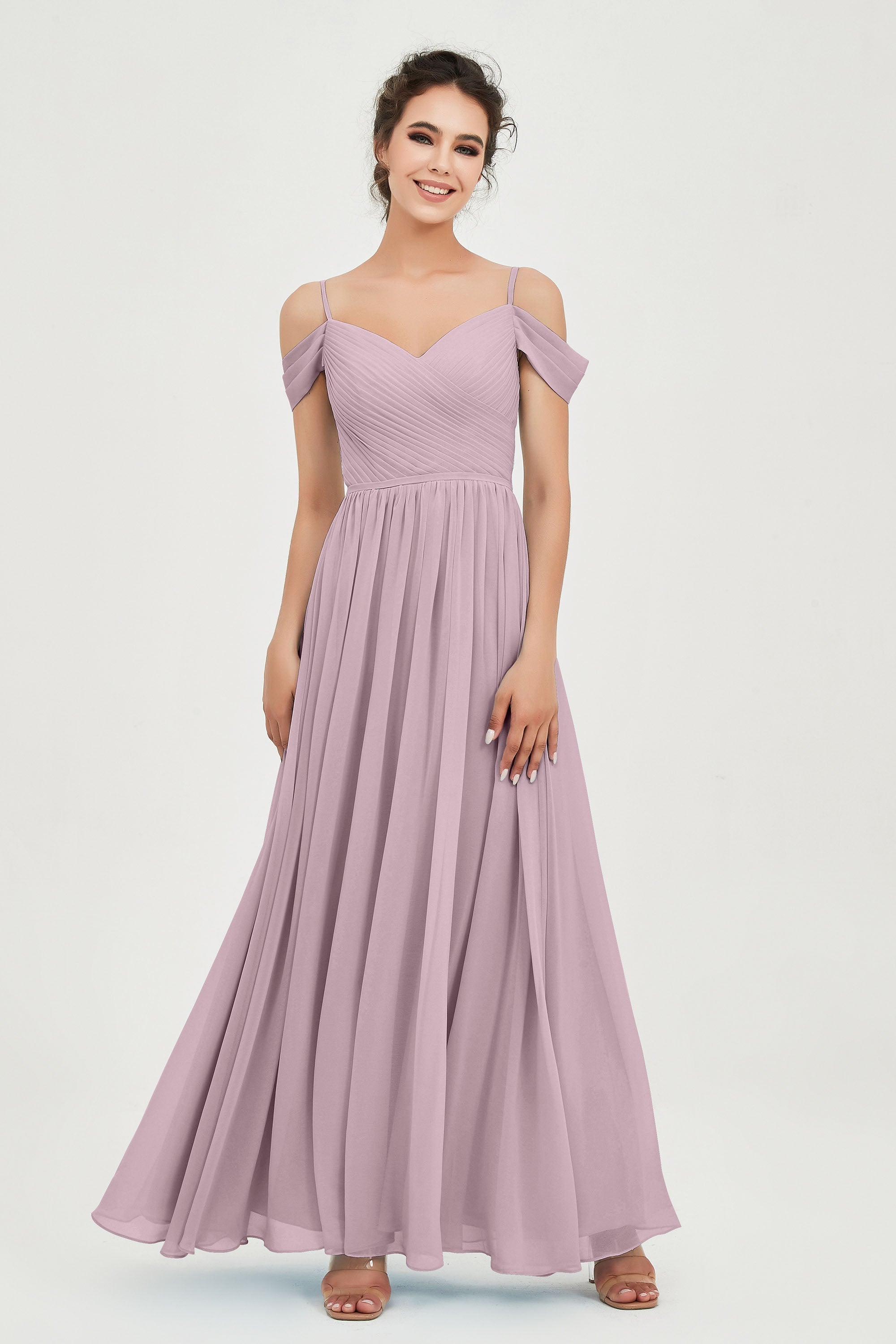 Spaghetti Straps Chiffon Pleated Ruched Bridesmaid Dress Long Formal Evening Dresses Gowns