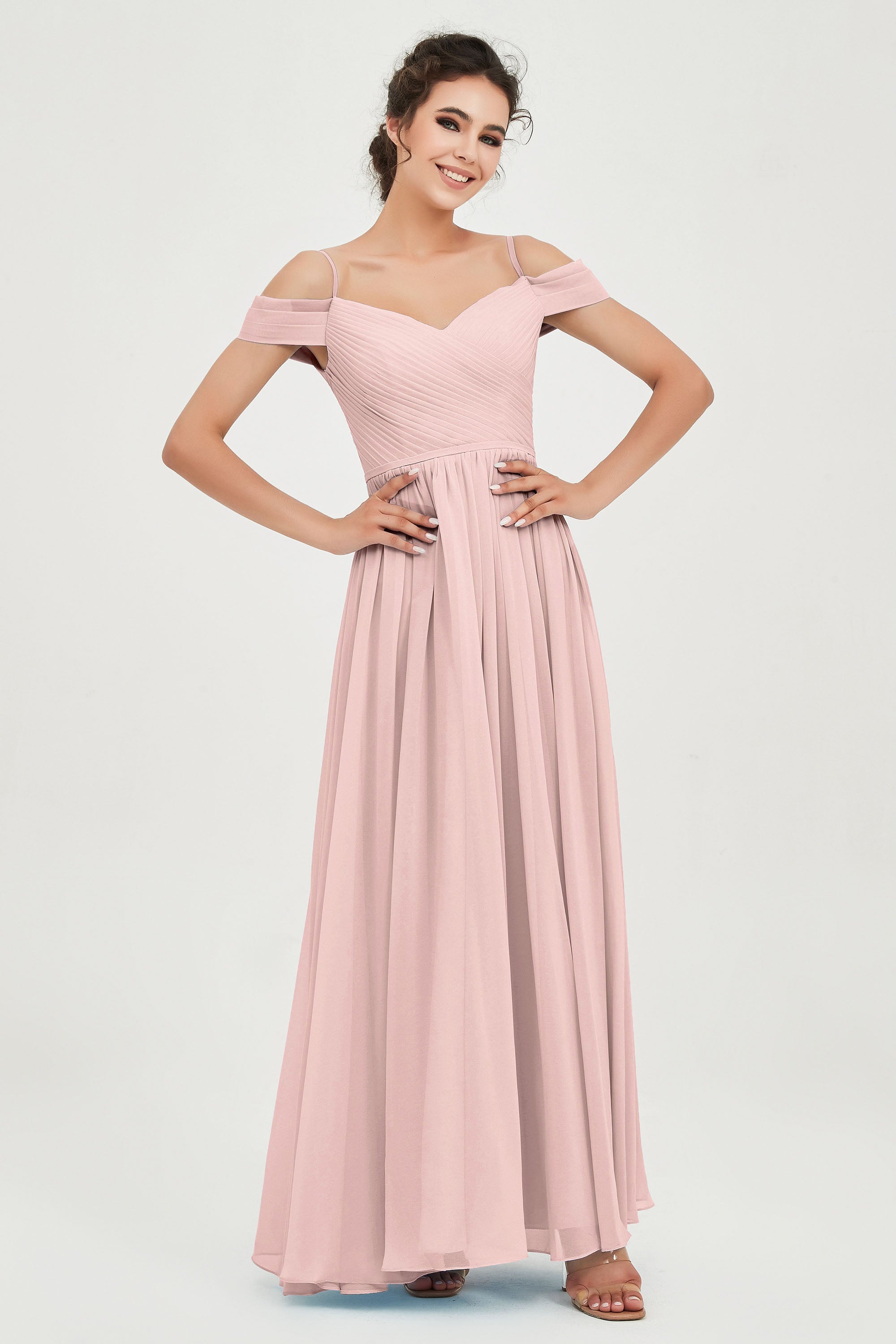 Spaghetti Straps Chiffon Pleated Ruched Bridesmaid Dress Long Formal Evening Dresses Gowns