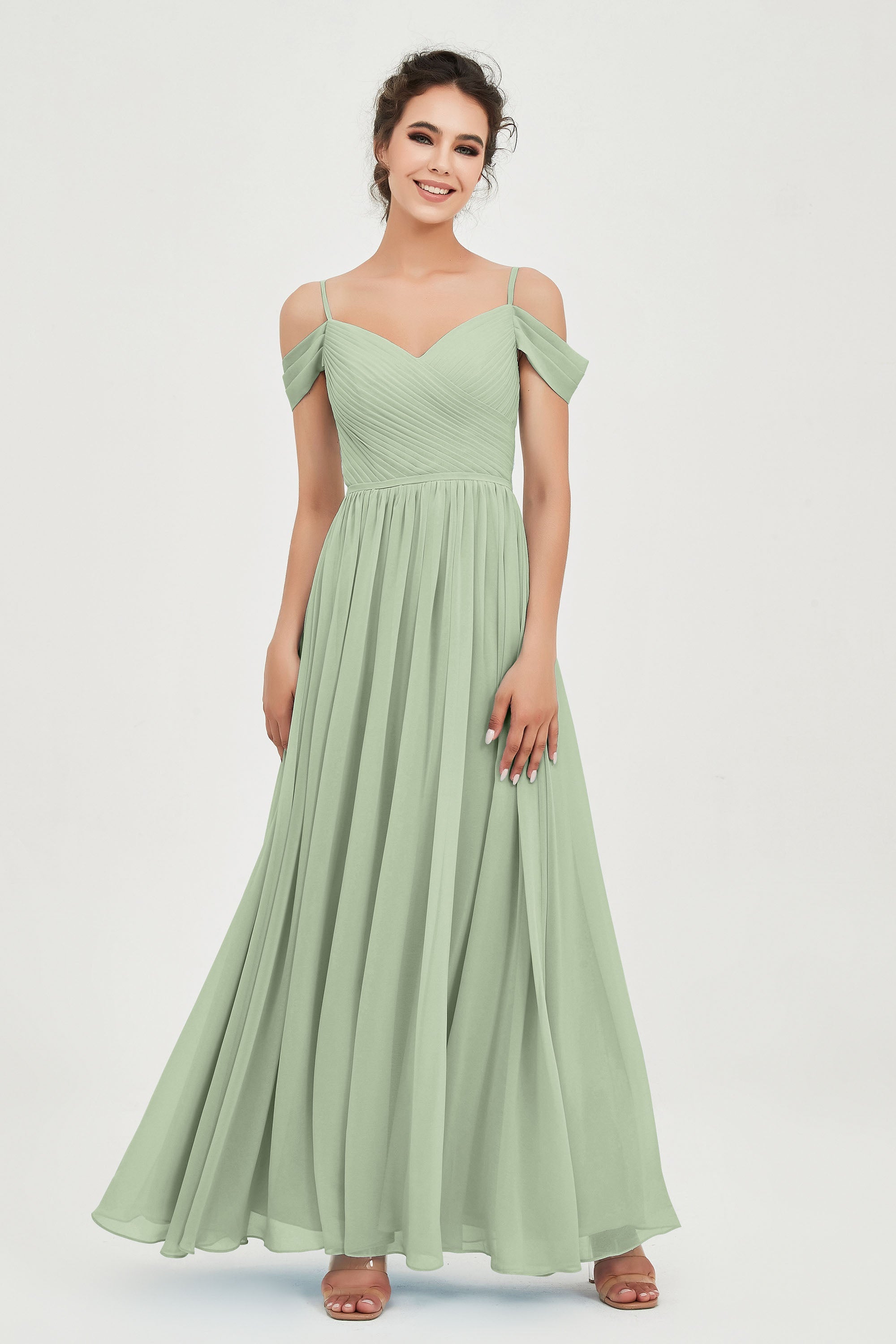Spaghetti Straps Chiffon Pleated Ruched Bridesmaid Dress Long Formal Evening Dresses Gowns