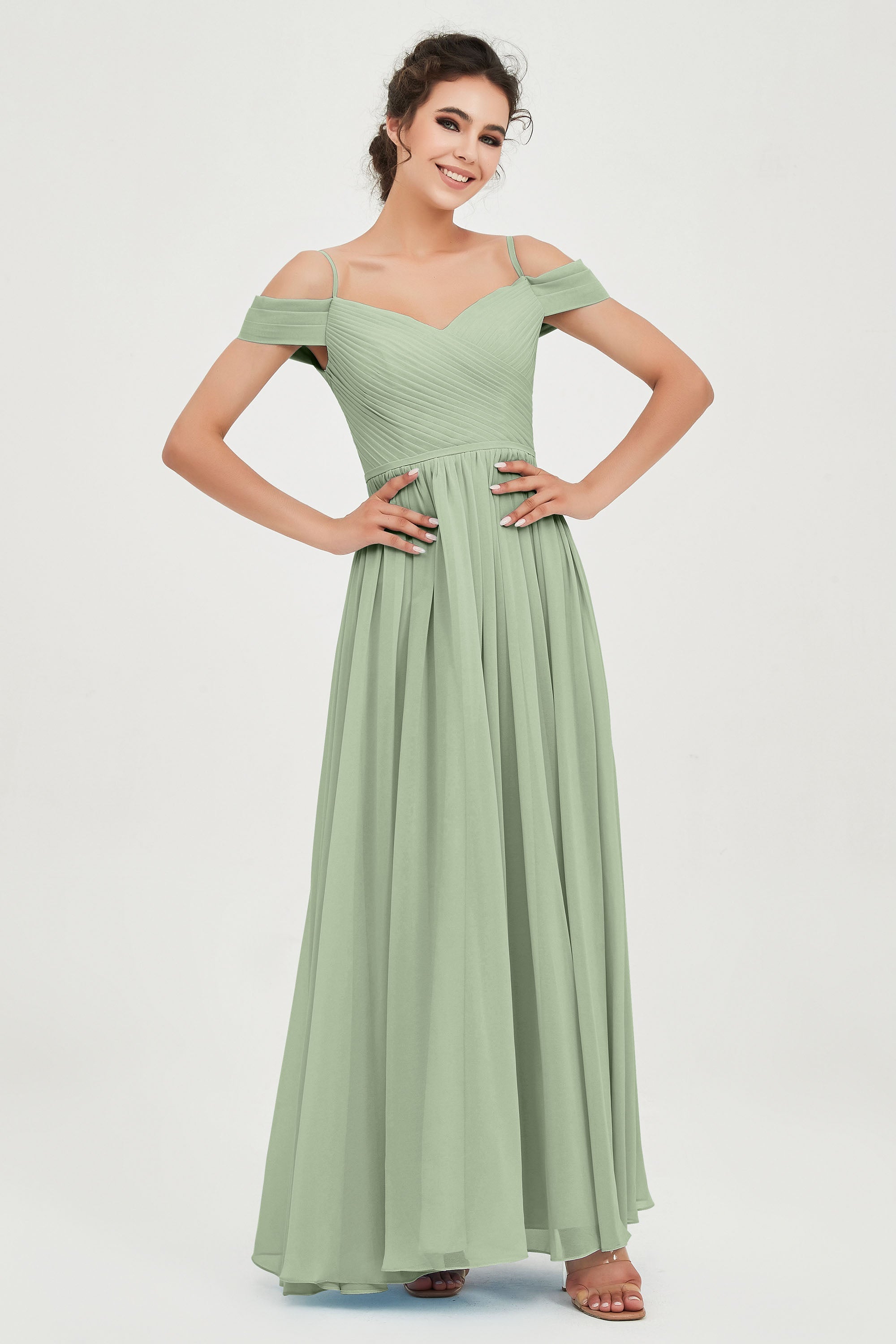 Spaghetti Straps Chiffon Pleated Ruched Bridesmaid Dress Long Formal Evening Dresses Gowns
