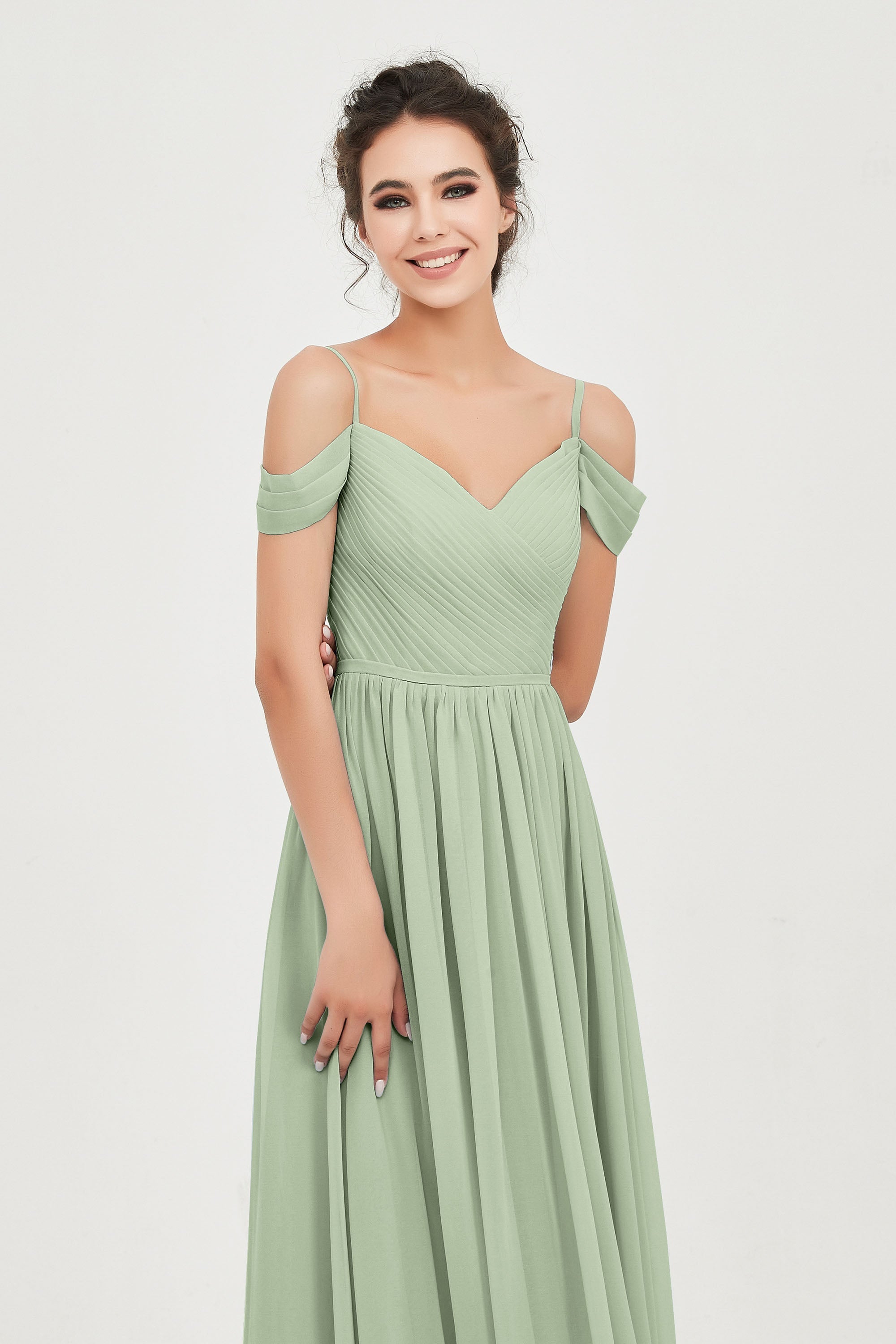 Spaghetti Straps Chiffon Pleated Ruched Bridesmaid Dress Long Formal Evening Dresses Gowns