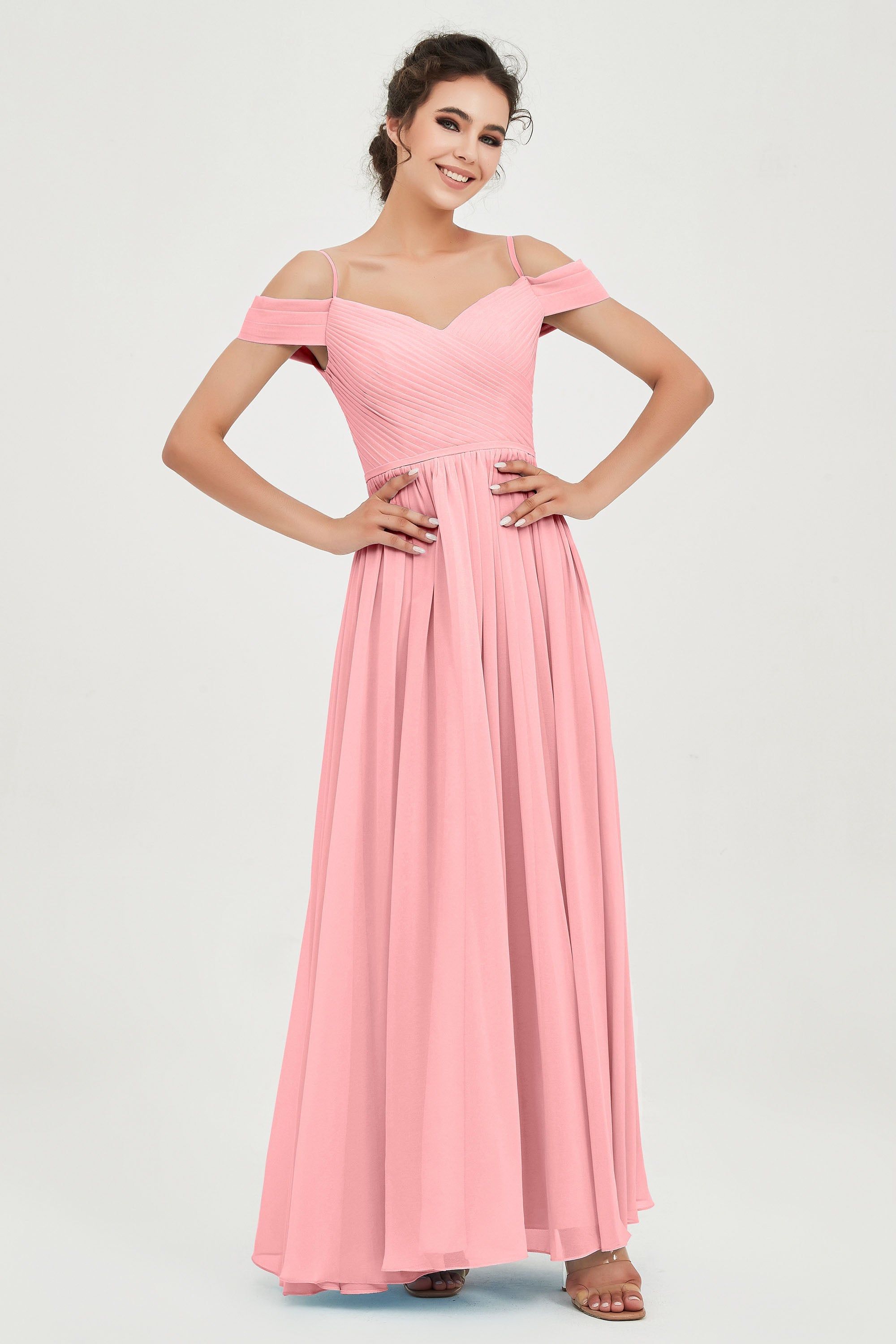 Spaghetti Straps Chiffon Pleated Ruched Bridesmaid Dress Long Formal Evening Dresses Gowns