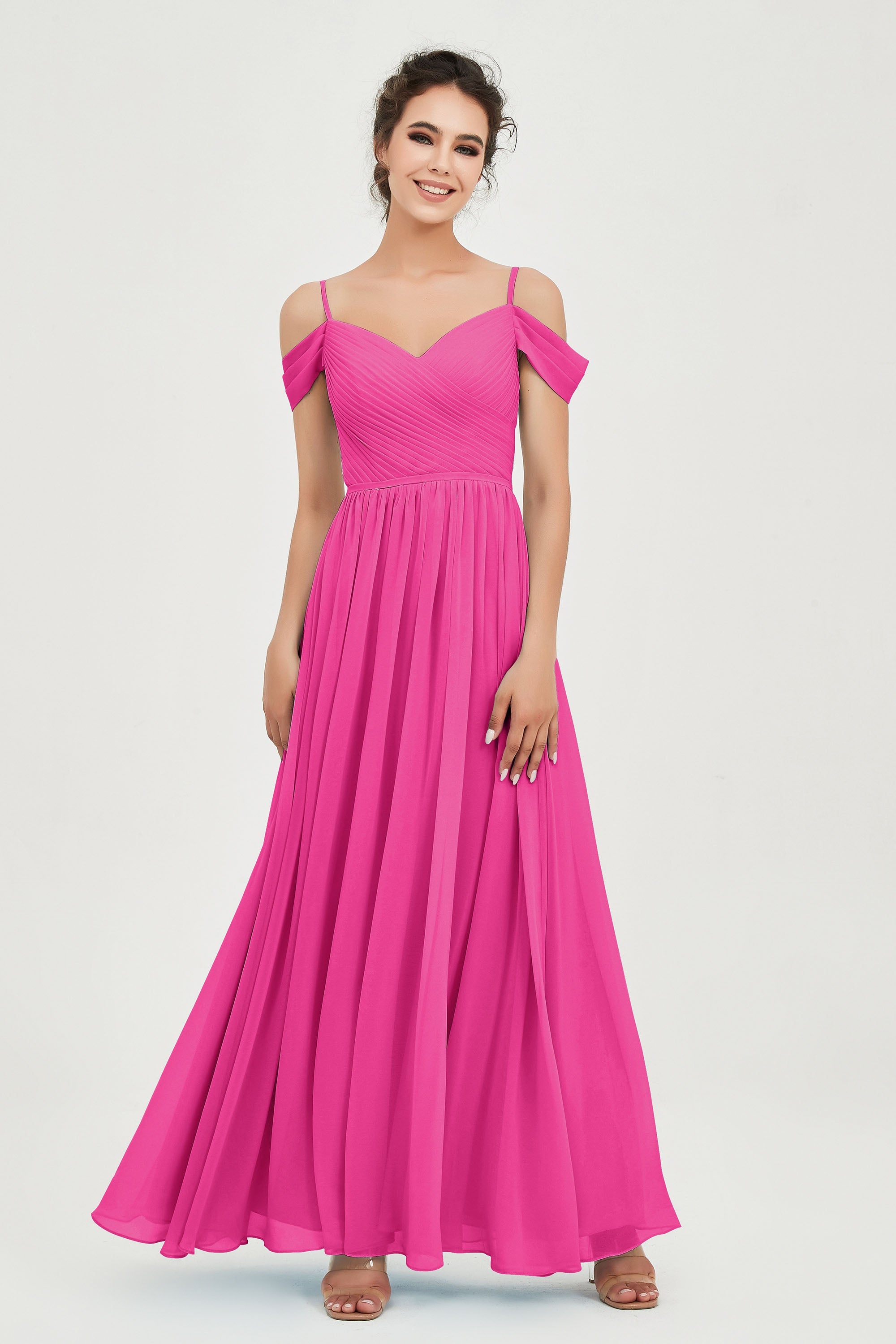 Spaghetti Straps Chiffon Pleated Ruched Bridesmaid Dress Long Formal Evening Dresses Gowns