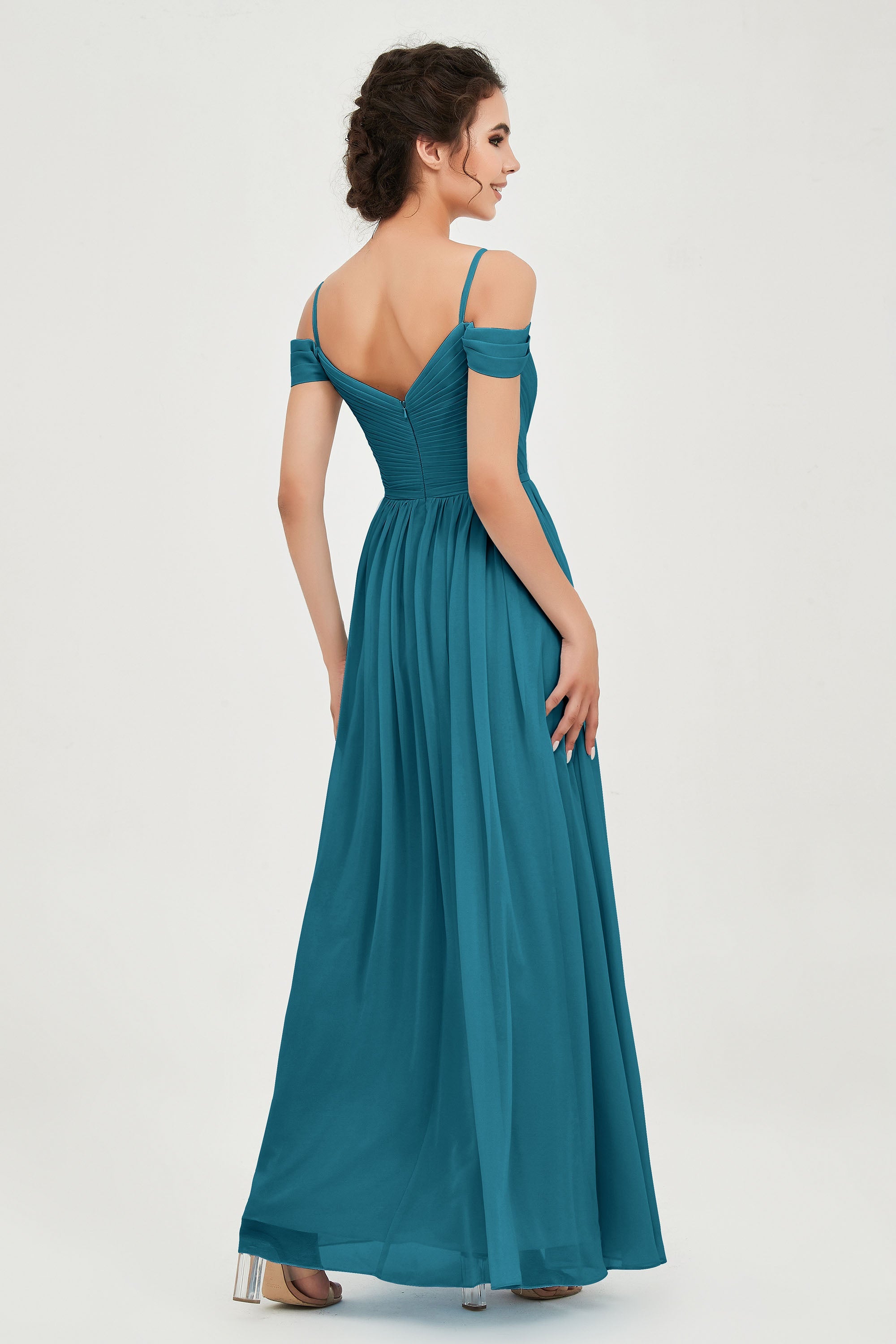 Spaghetti Straps Chiffon Pleated Ruched Bridesmaid Dress Long Formal Evening Dresses Gowns
