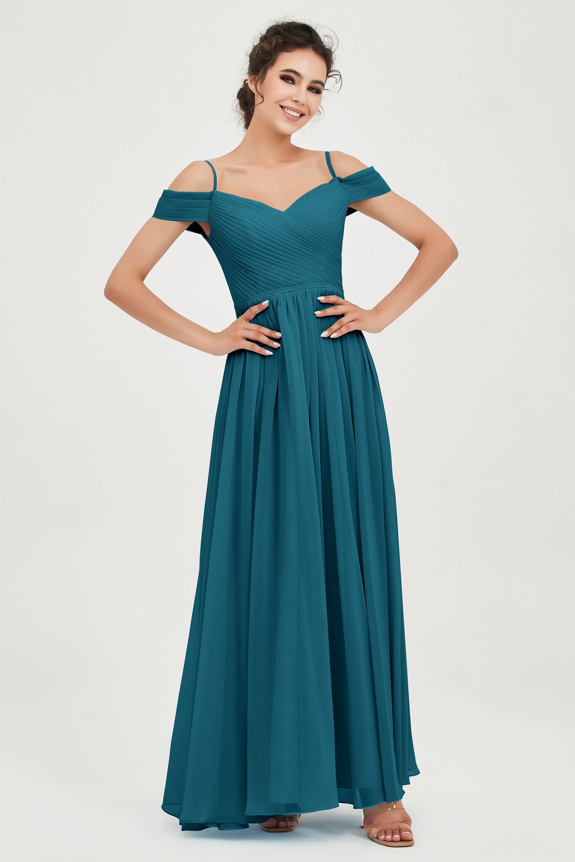 Spaghetti Straps Chiffon Pleated Ruched Bridesmaid Dress Long Formal Evening Dresses Gowns