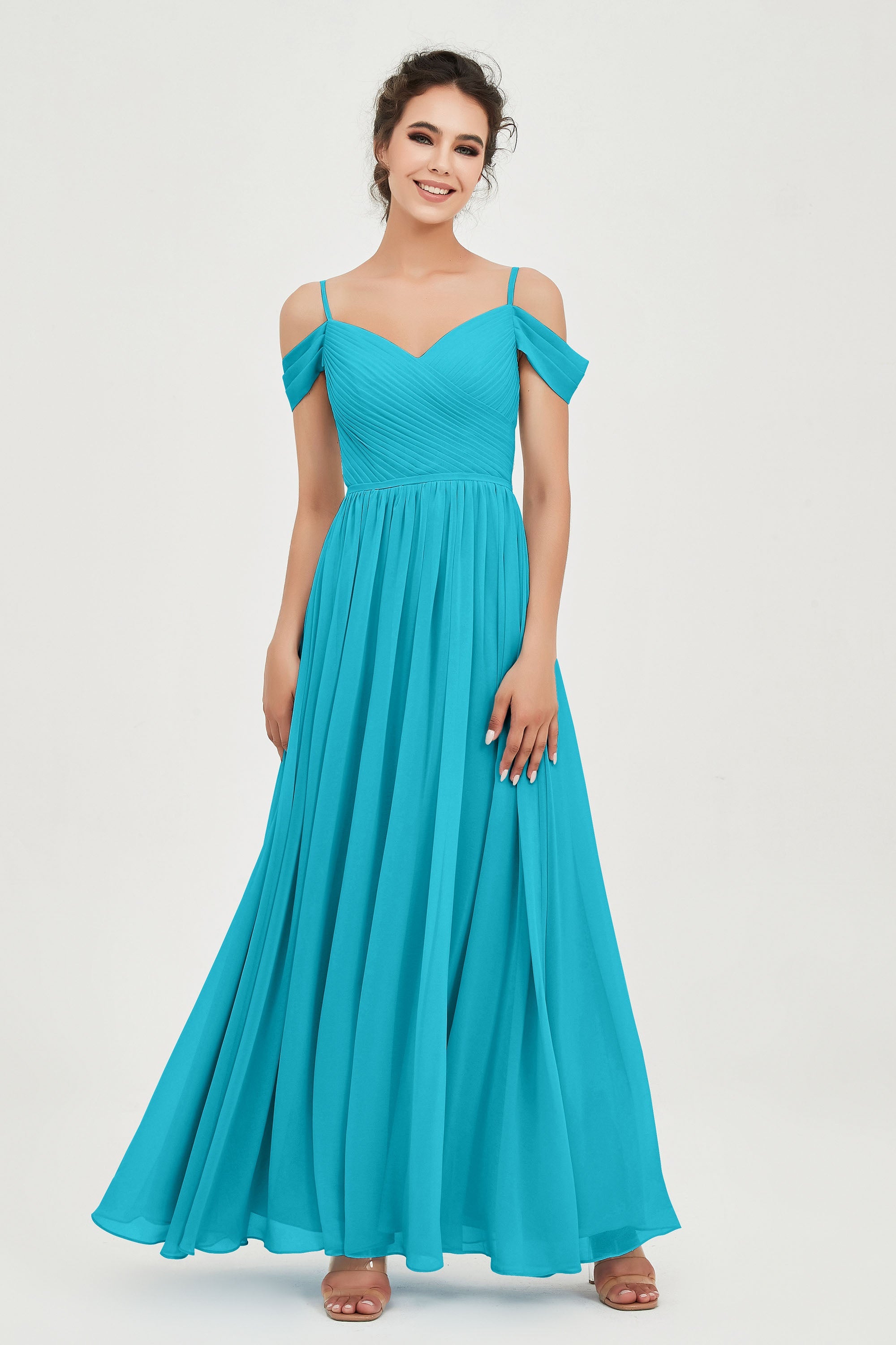Spaghetti Straps Chiffon Pleated Ruched Bridesmaid Dress Long Formal Evening Dresses Gowns