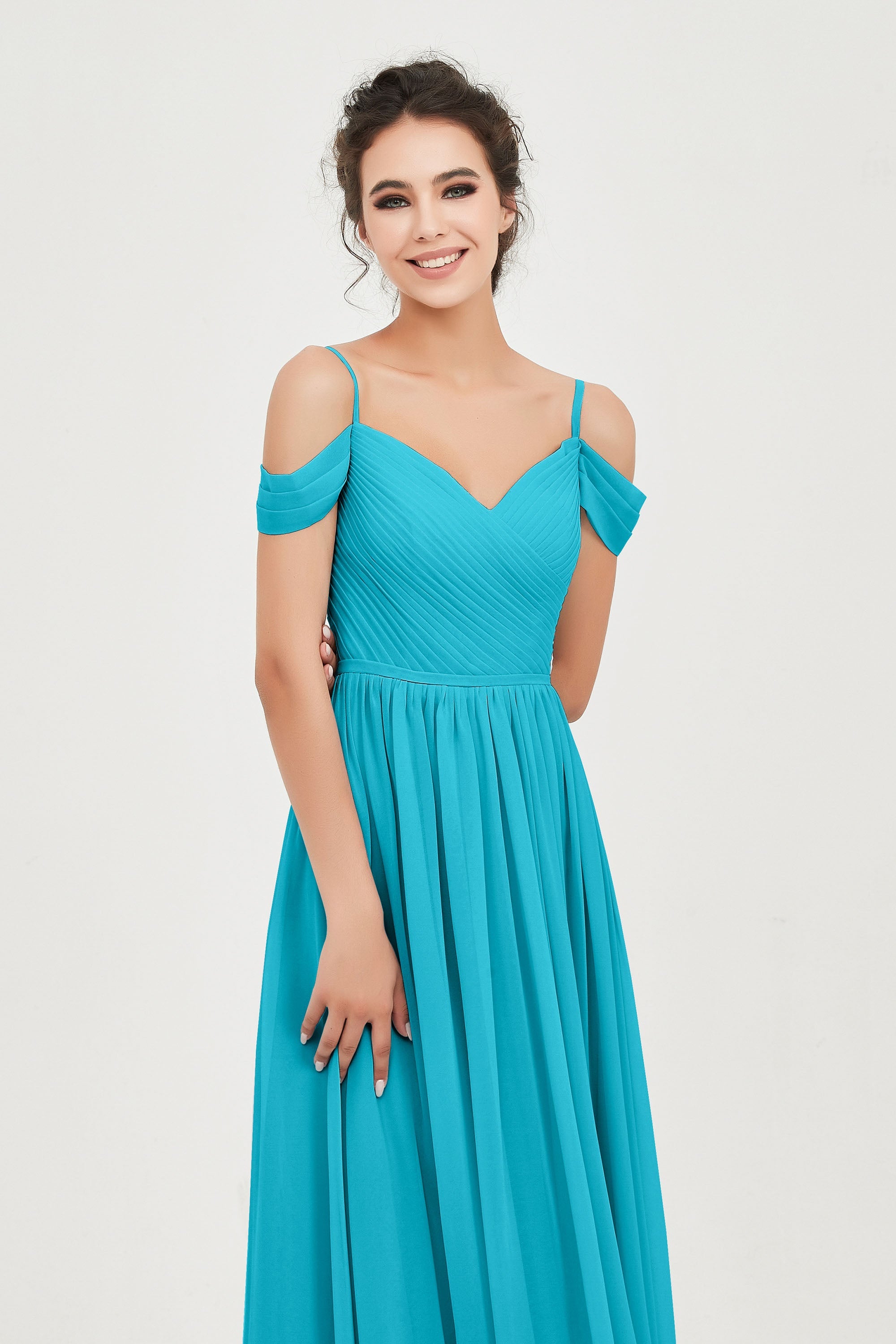 Spaghetti Straps Chiffon Pleated Ruched Bridesmaid Dress Long Formal Evening Dresses Gowns