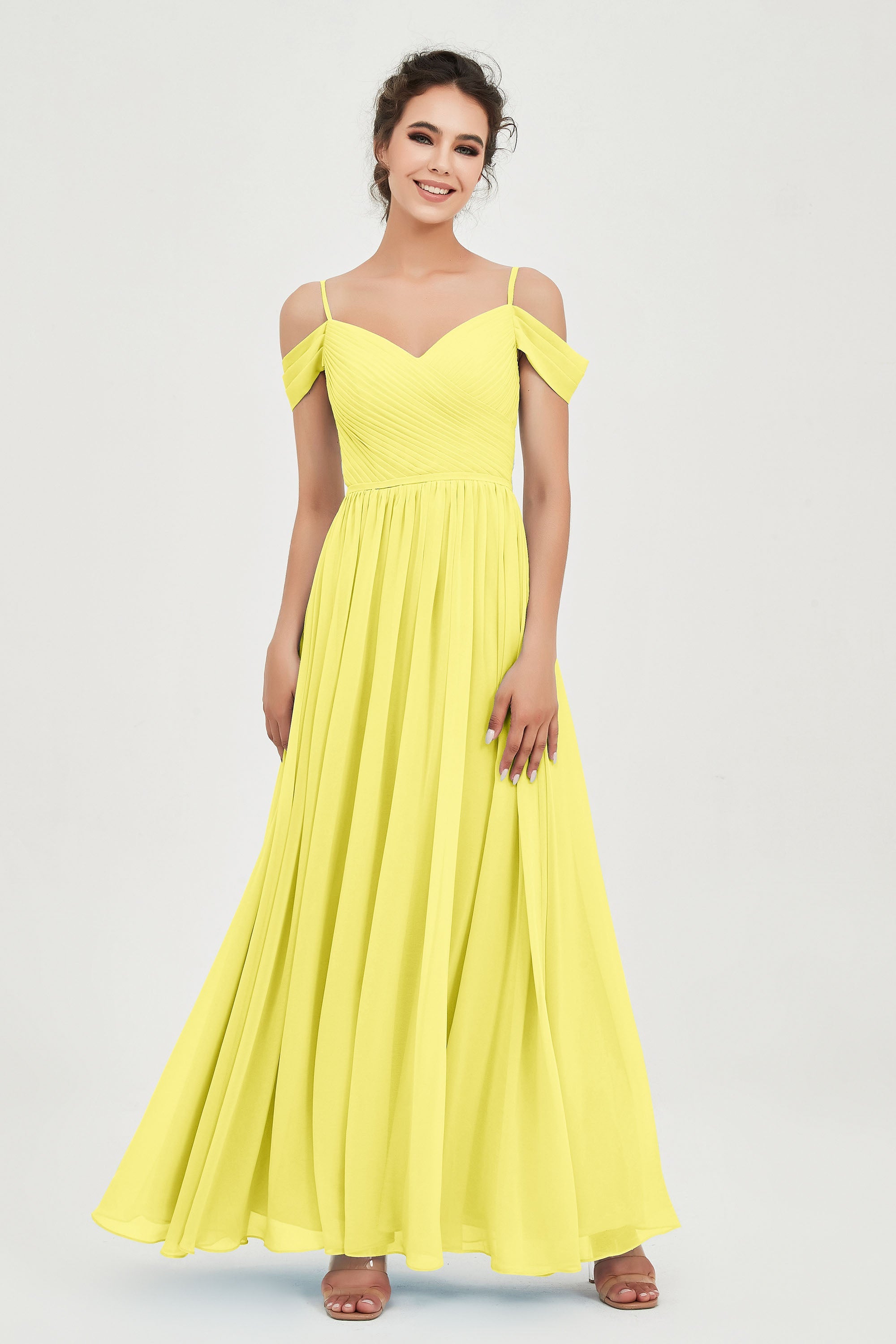 Spaghetti Straps Chiffon Pleated Ruched Bridesmaid Dress Long Formal Evening Dresses Gowns