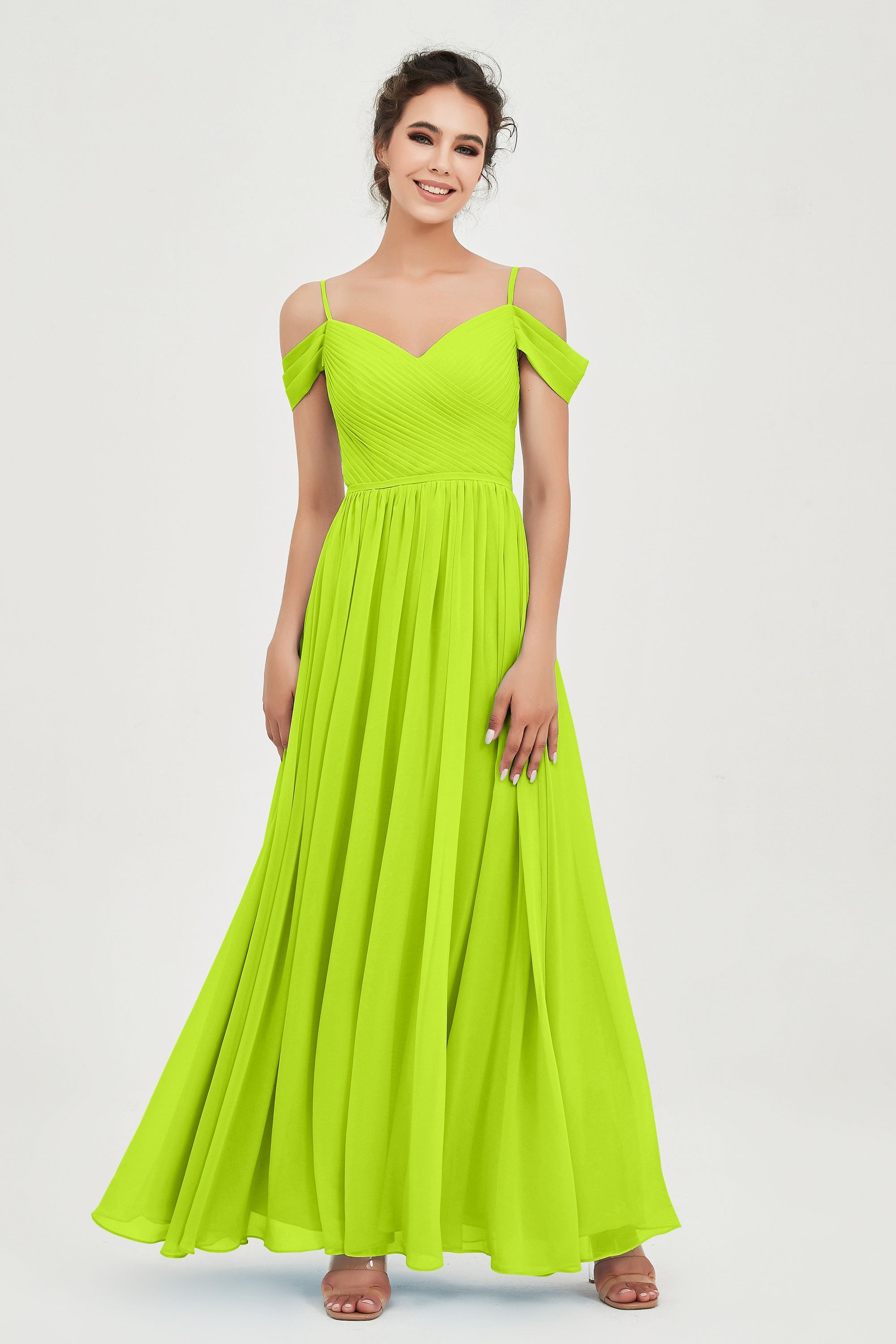 Spaghetti Straps Chiffon Pleated Ruched Bridesmaid Dress Long Formal Evening Dresses Gowns