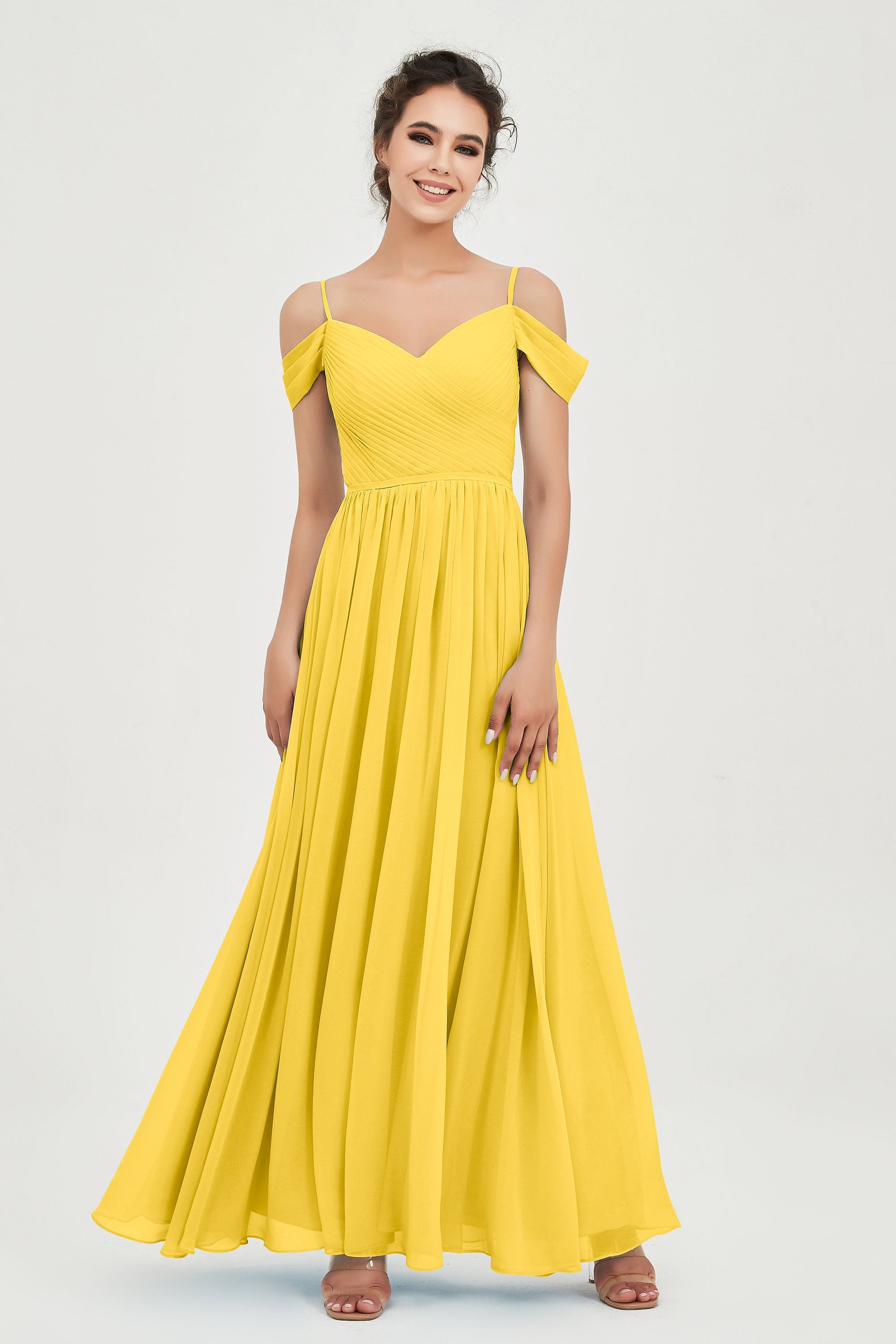 Spaghetti Straps Chiffon Pleated Ruched Bridesmaid Dress Long Formal Evening Dresses Gowns