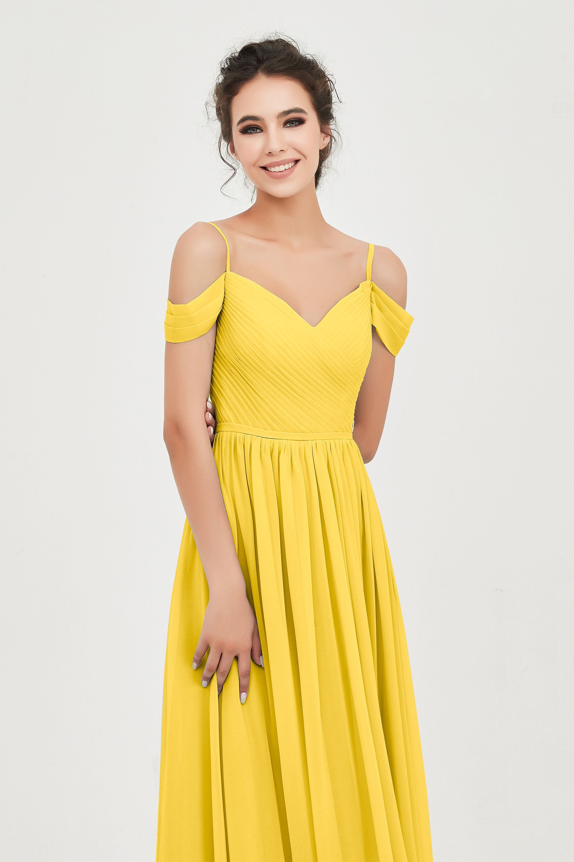 Spaghetti Straps Chiffon Pleated Ruched Bridesmaid Dress Long Formal Evening Dresses Gowns