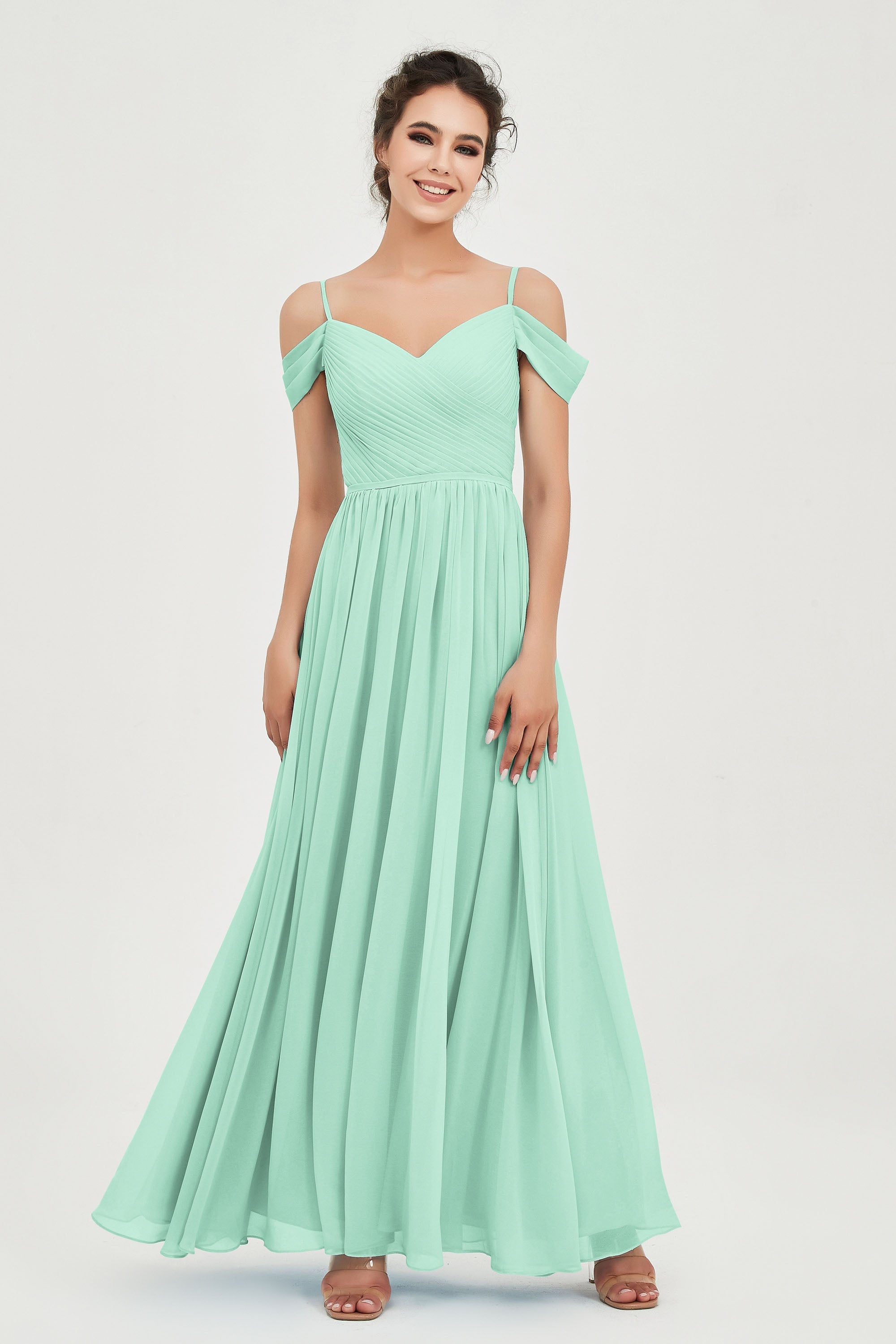 Spaghetti Straps Chiffon Pleated Ruched Bridesmaid Dress Long Formal Evening Dresses Gowns