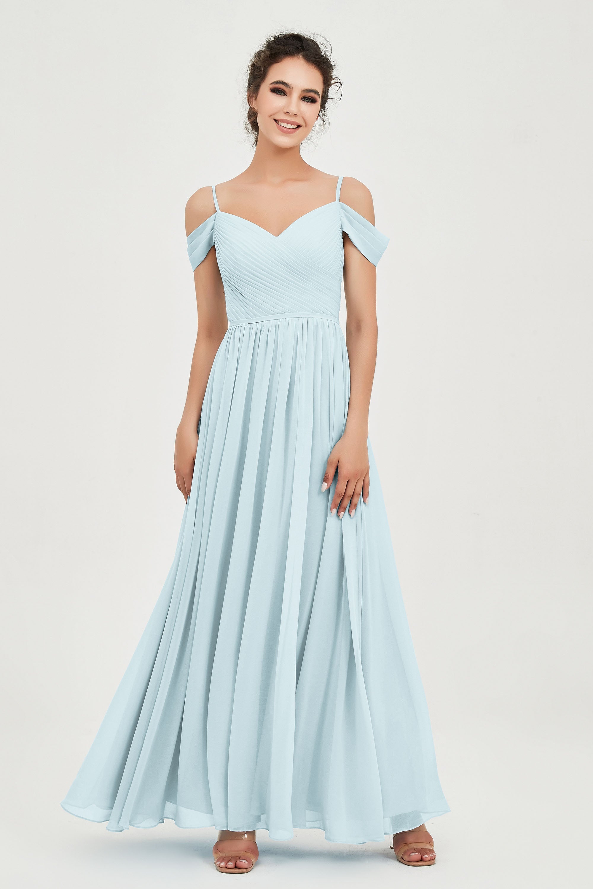 Spaghetti Straps Chiffon Pleated Ruched Bridesmaid Dress Long Formal Evening Dresses Gowns