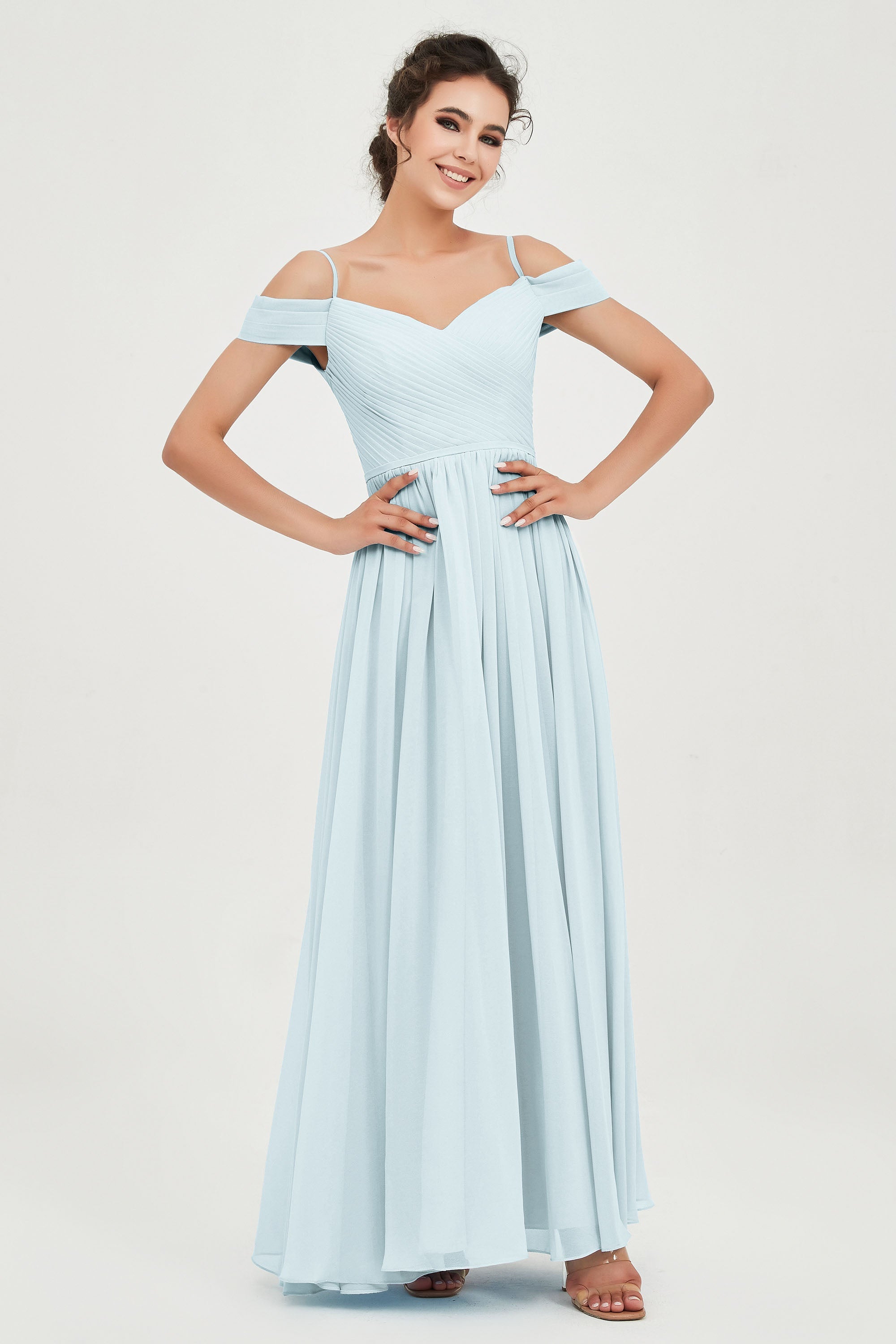 Spaghetti Straps Chiffon Pleated Ruched Bridesmaid Dress Long Formal Evening Dresses Gowns