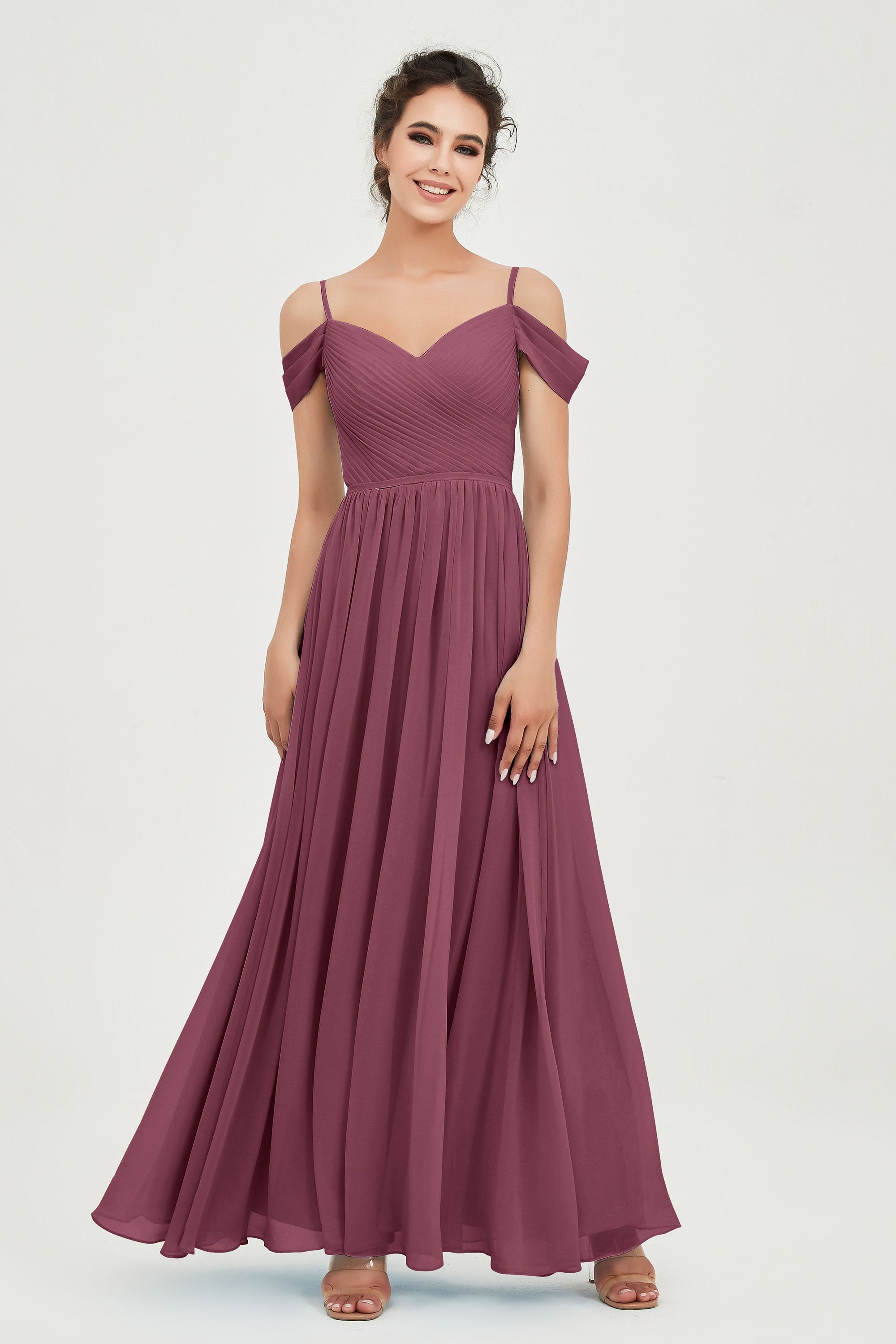 Spaghetti Straps Chiffon Pleated Ruched Bridesmaid Dress Long Formal Evening Dresses Gowns