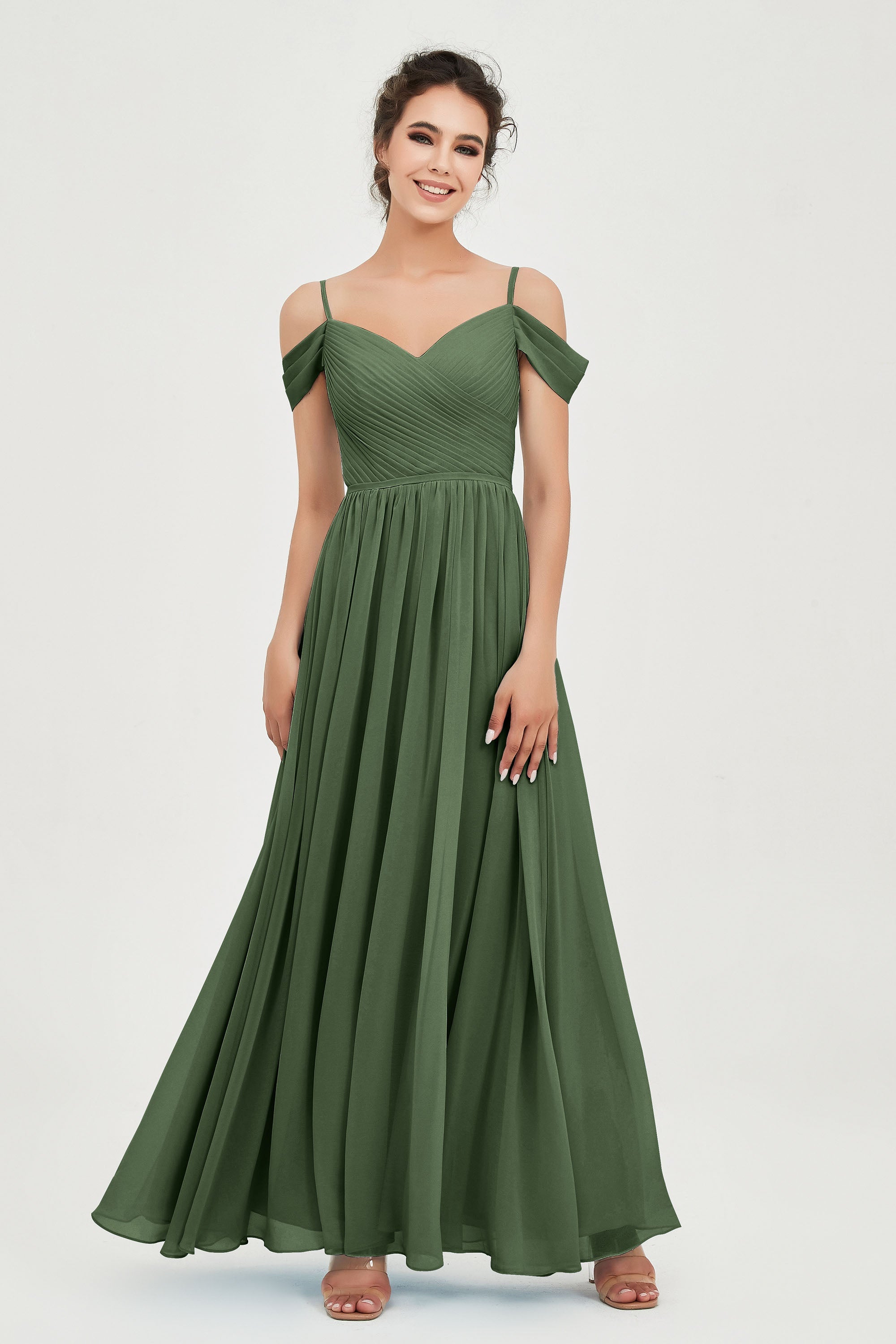 Spaghetti Straps Chiffon Pleated Ruched Bridesmaid Dress Long Formal Evening Dresses Gowns