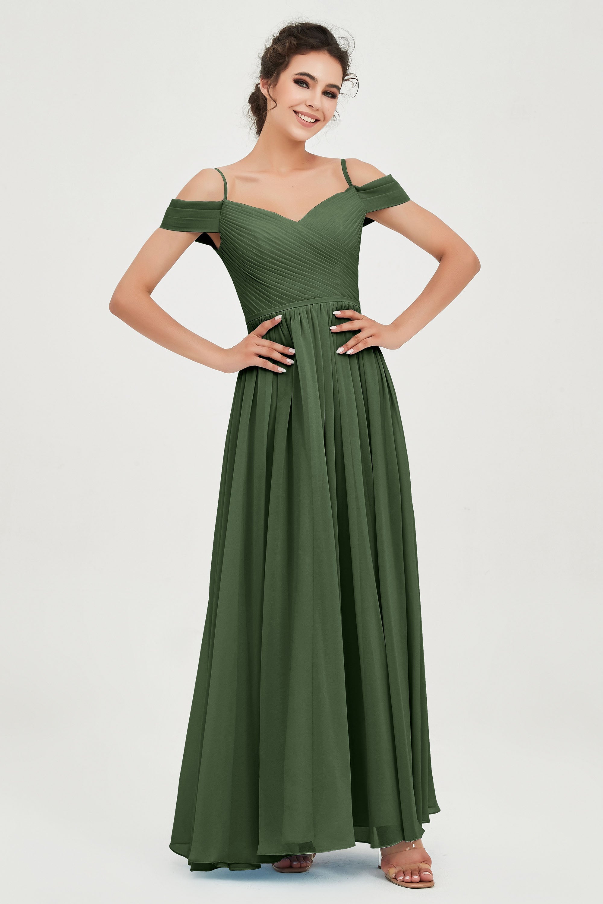 Spaghetti Straps Chiffon Pleated Ruched Bridesmaid Dress Long Formal Evening Dresses Gowns