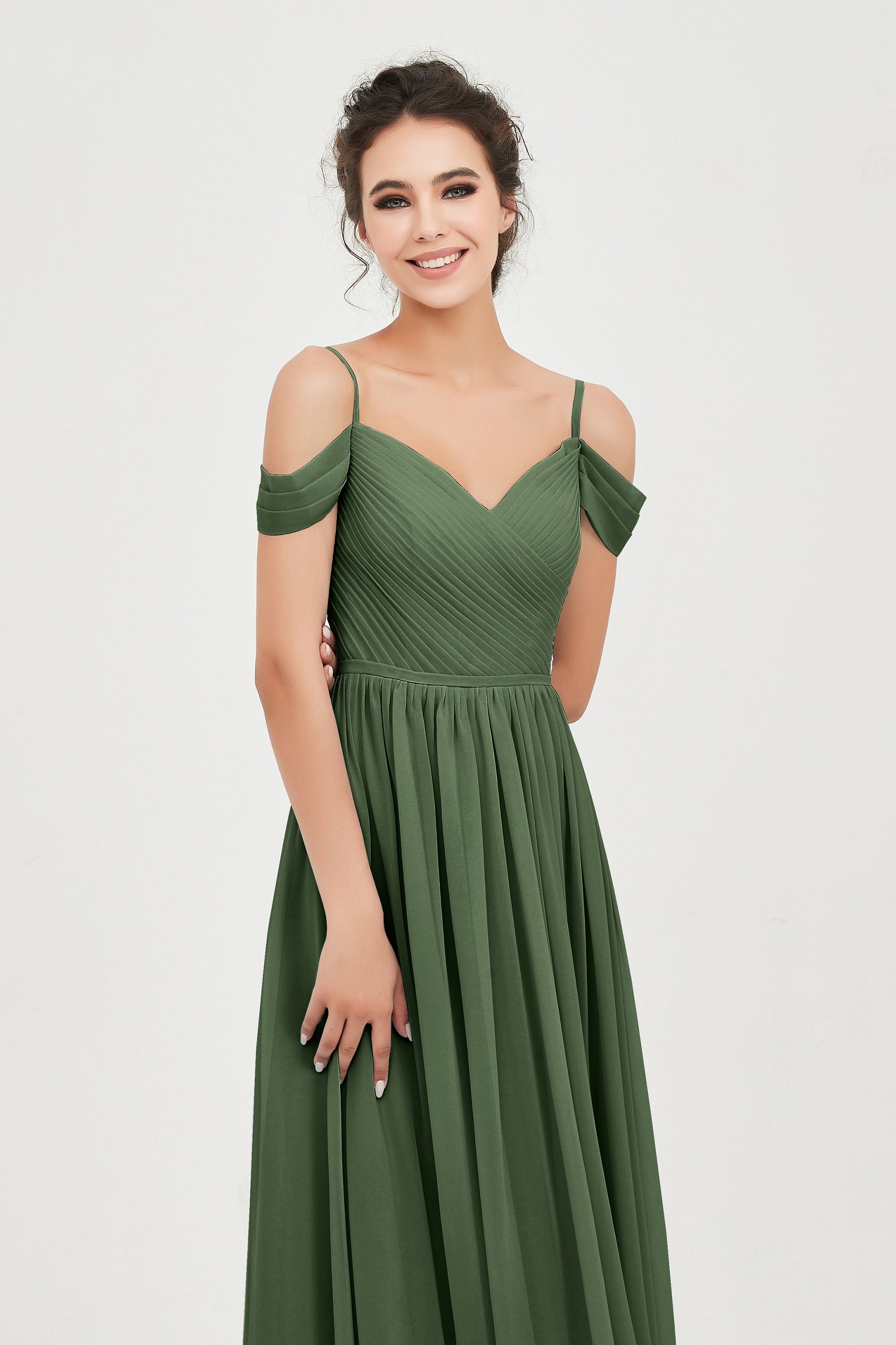 Spaghetti Straps Chiffon Pleated Ruched Bridesmaid Dress Long Formal Evening Dresses Gowns