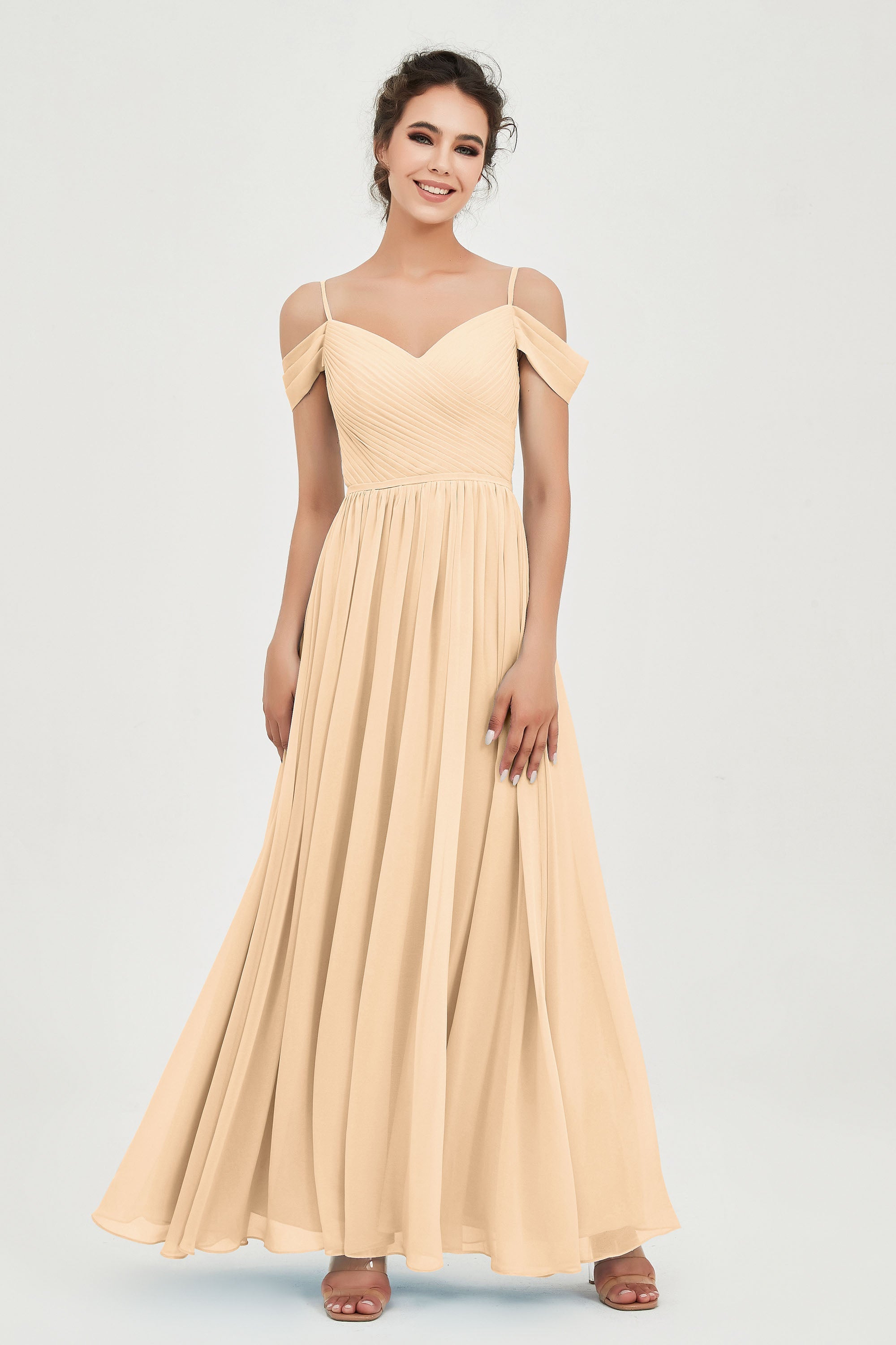 Spaghetti Straps Chiffon Pleated Ruched Bridesmaid Dress Long Formal Evening Dresses Gowns