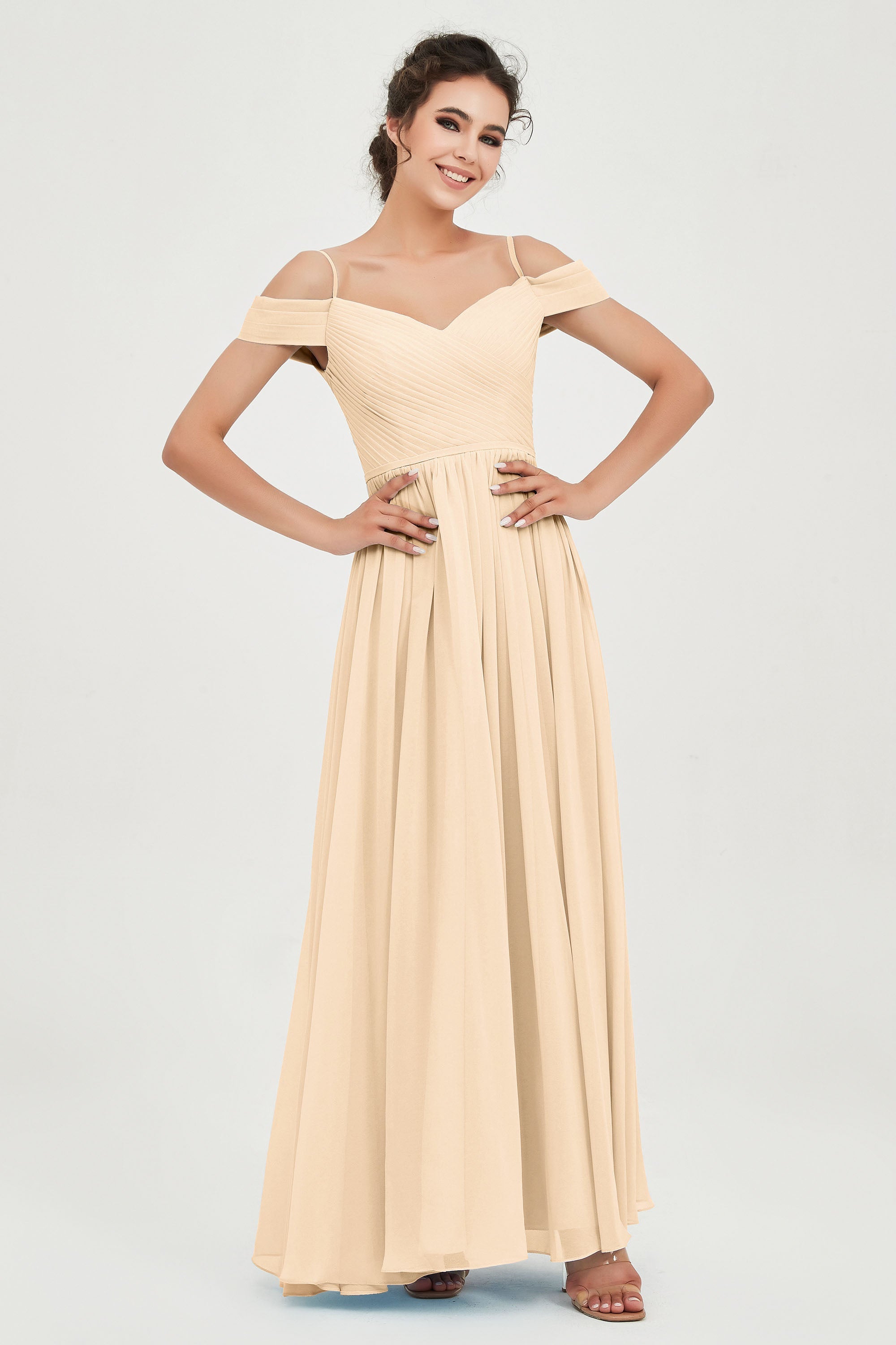 Spaghetti Straps Chiffon Pleated Ruched Bridesmaid Dress Long Formal Evening Dresses Gowns