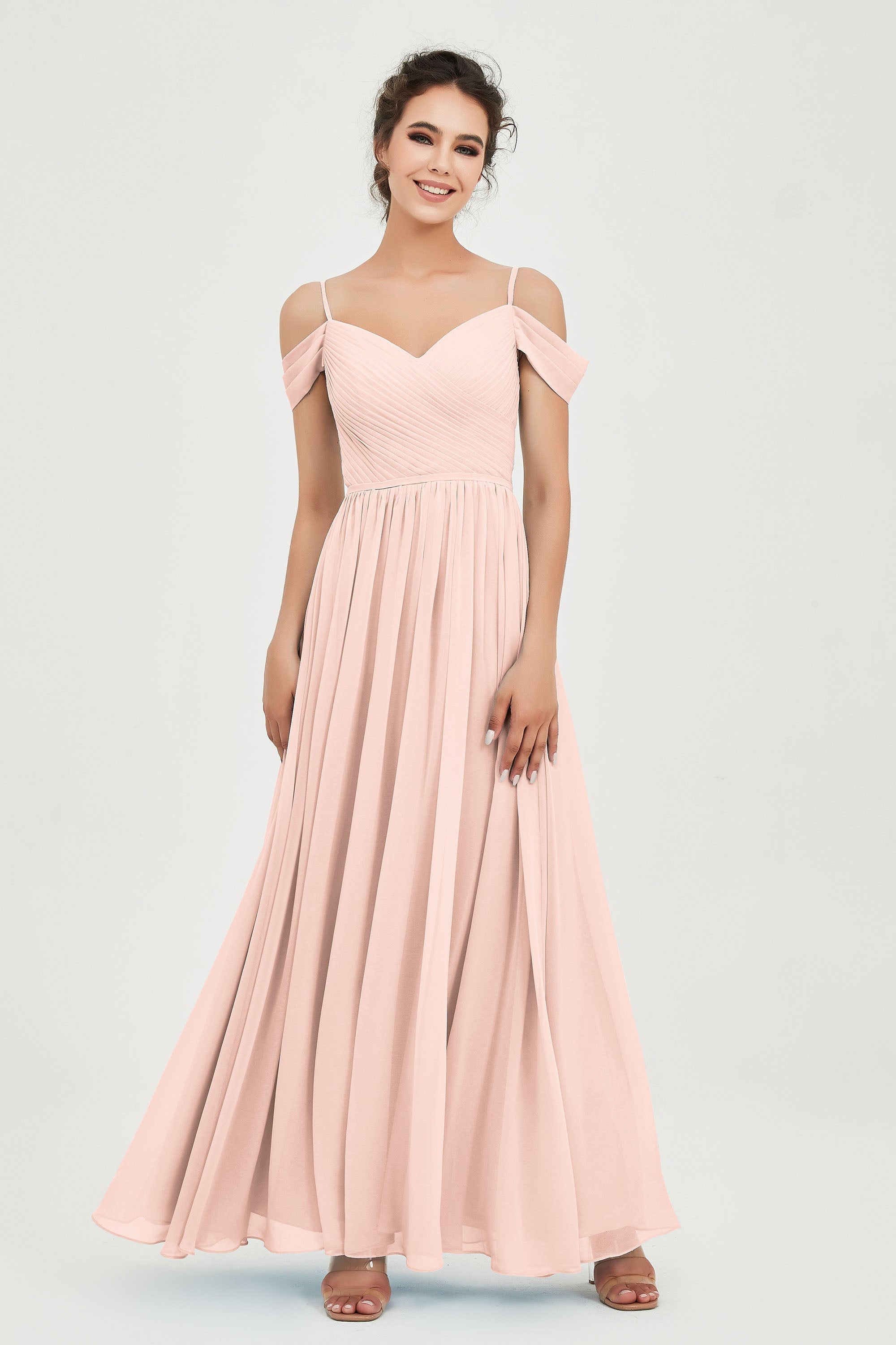Spaghetti Straps Chiffon Pleated Ruched Bridesmaid Dress Long Formal Evening Dresses Gowns