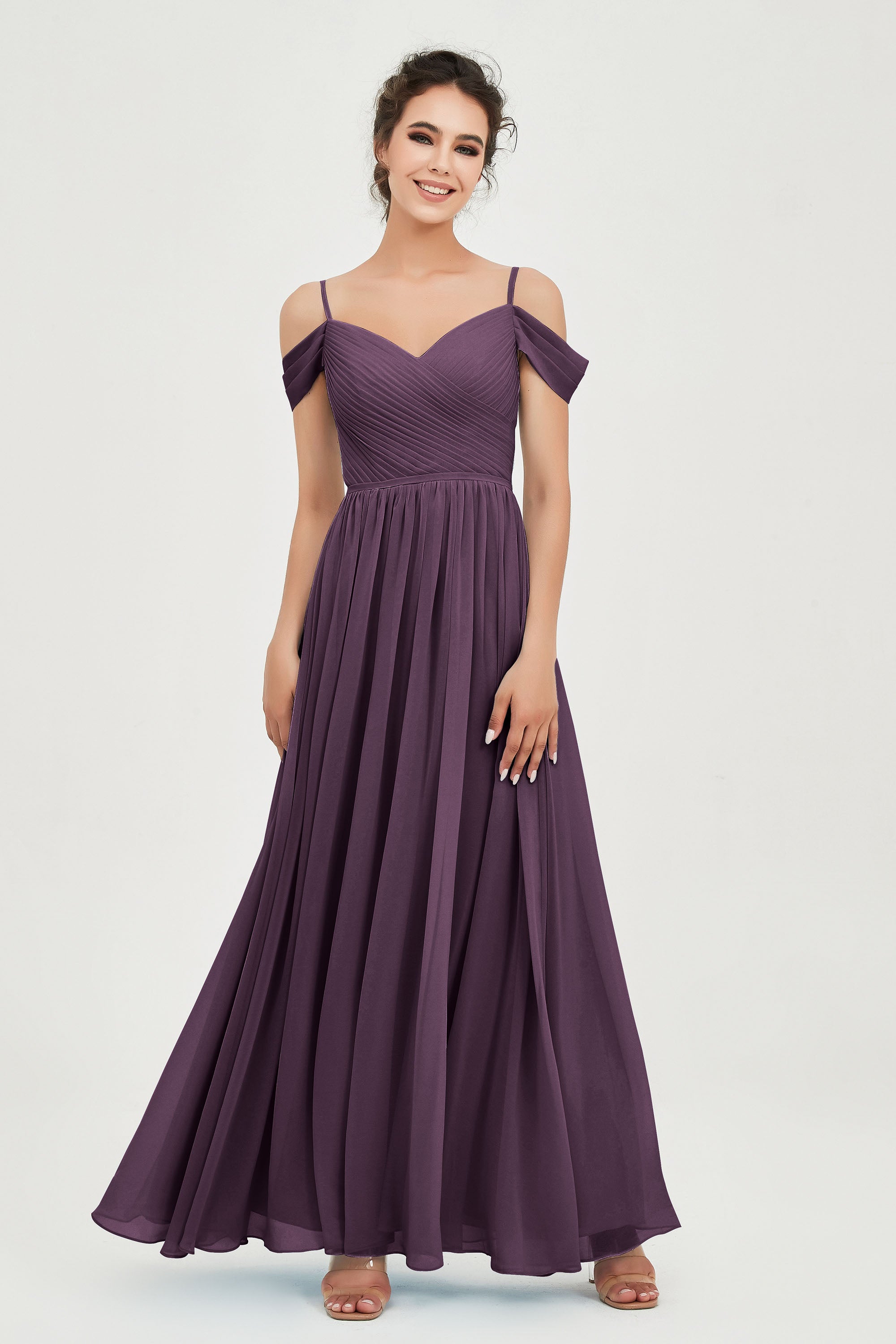 Spaghetti Straps Chiffon Pleated Ruched Bridesmaid Dress Long Formal Evening Dresses Gowns