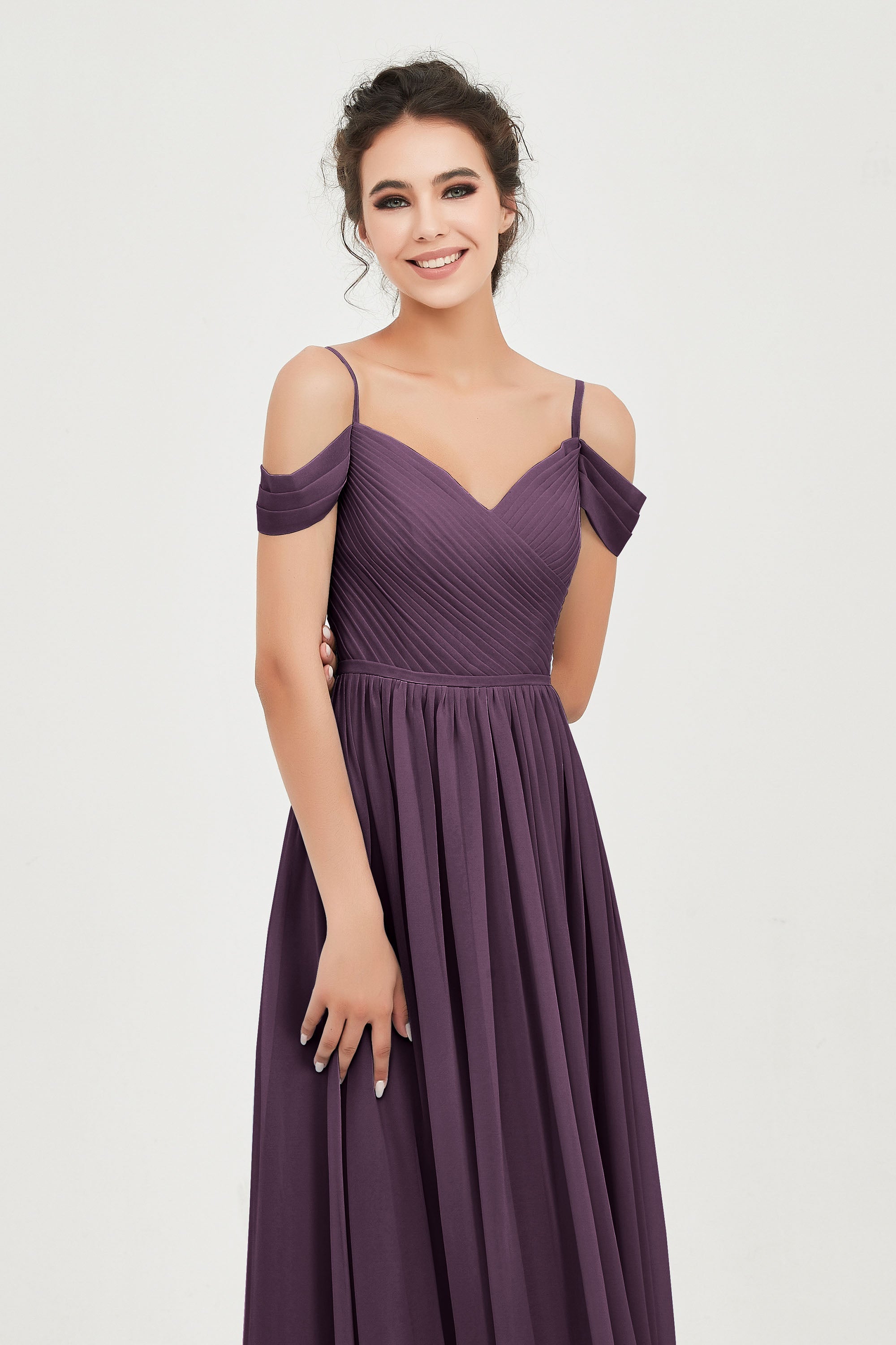 Spaghetti Straps Chiffon Pleated Ruched Bridesmaid Dress Long Formal Evening Dresses Gowns