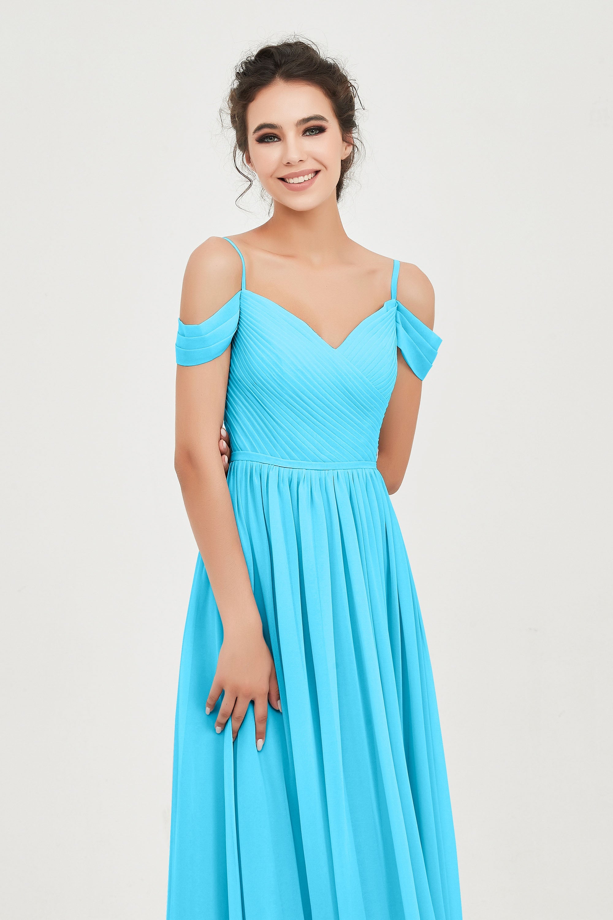 Spaghetti Straps Chiffon Pleated Ruched Bridesmaid Dress Long Formal Evening Dresses Gowns