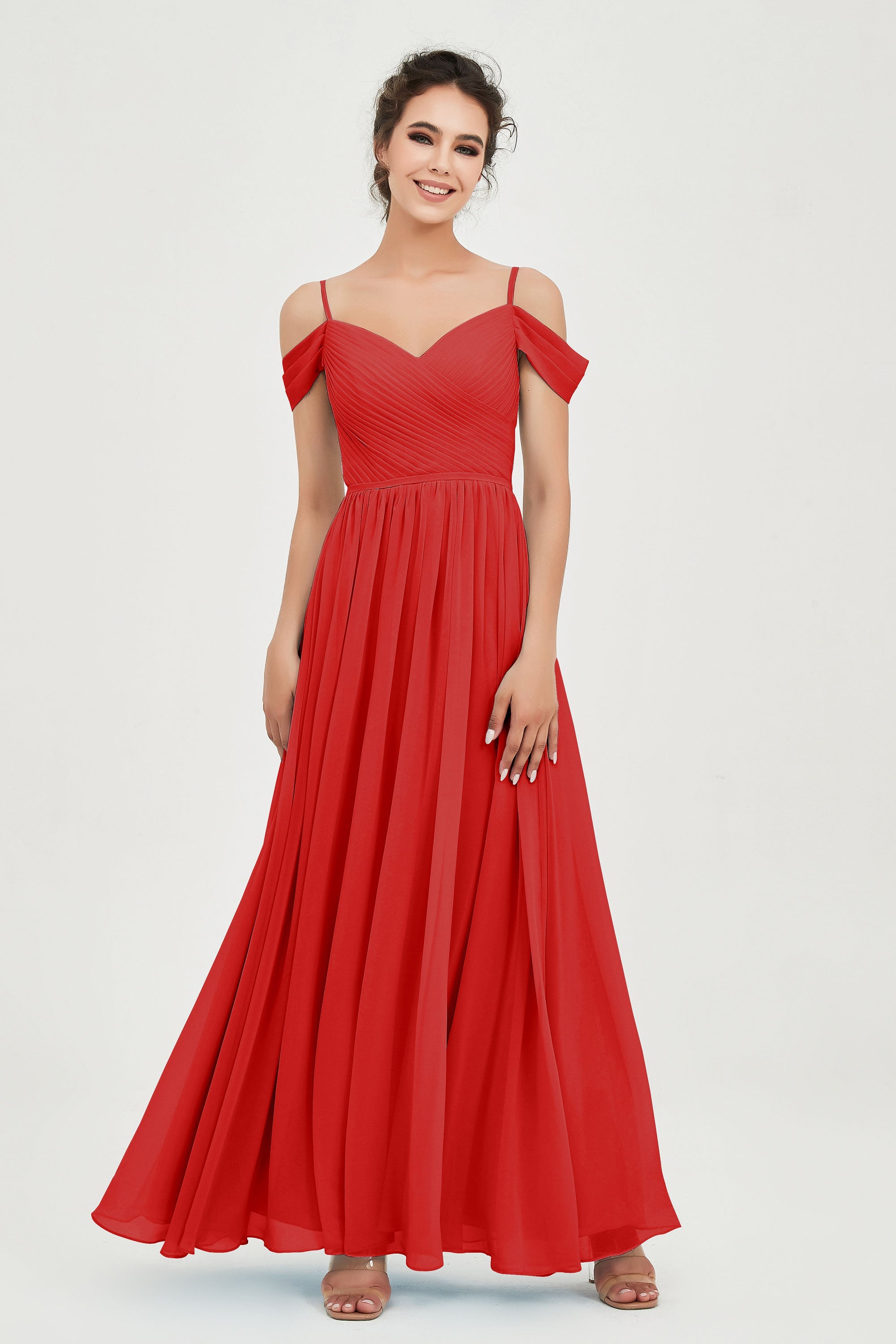 Spaghetti Straps Chiffon Pleated Ruched Bridesmaid Dress Long Formal Evening Dresses Gowns