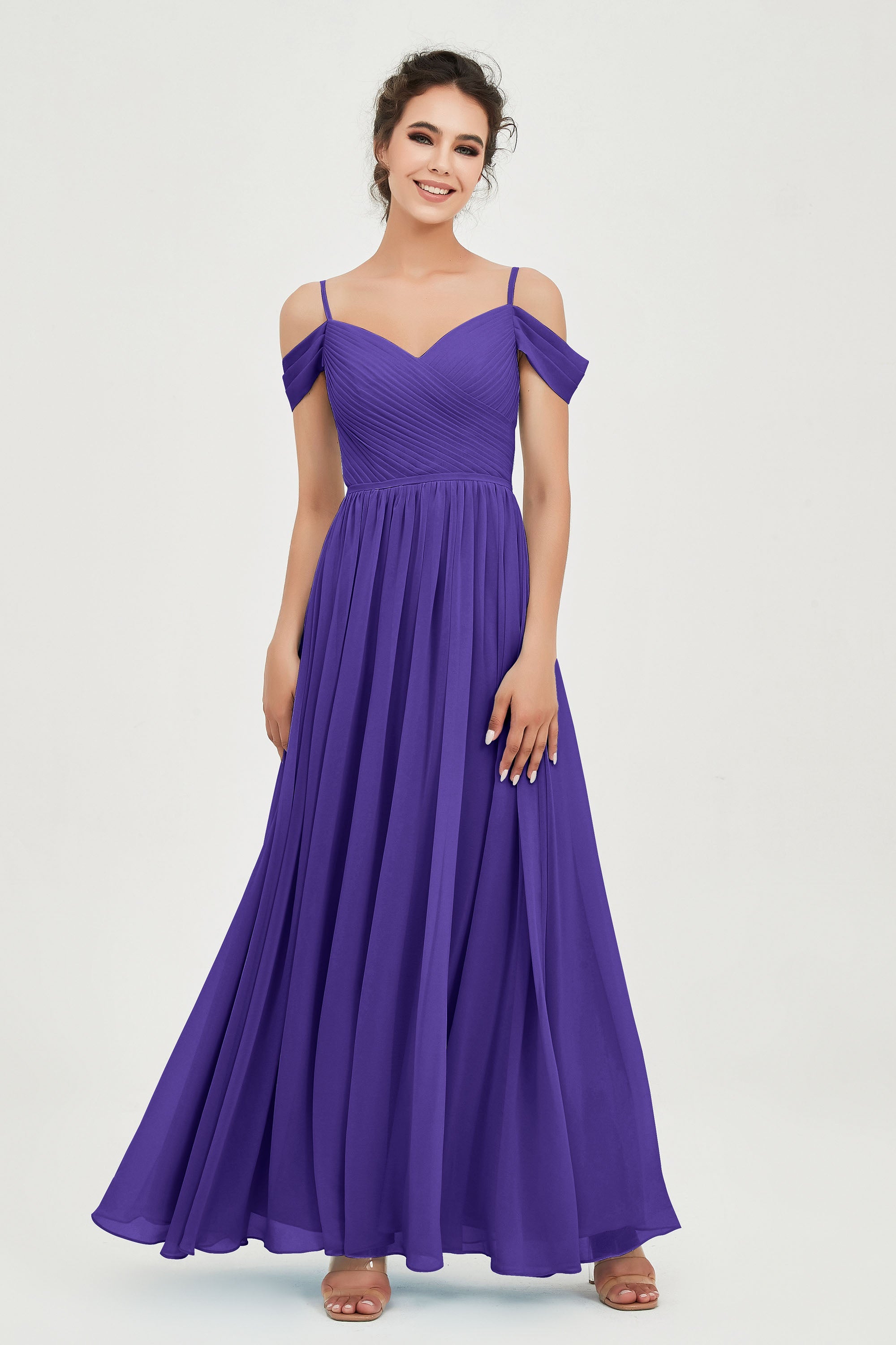 Spaghetti Straps Chiffon Pleated Ruched Bridesmaid Dress Long Formal Evening Dresses Gowns