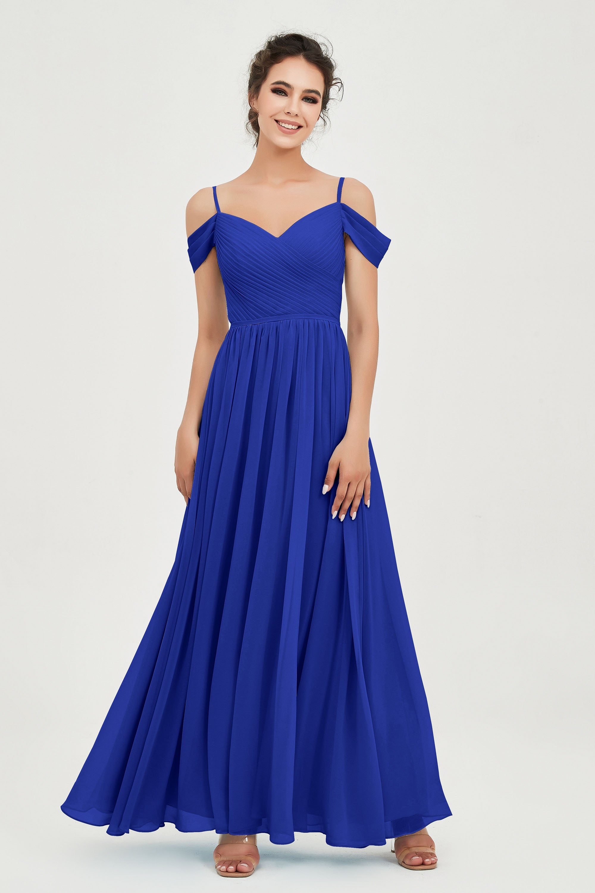 Spaghetti Straps Chiffon Pleated Ruched Bridesmaid Dress Long Formal Evening Dresses Gowns