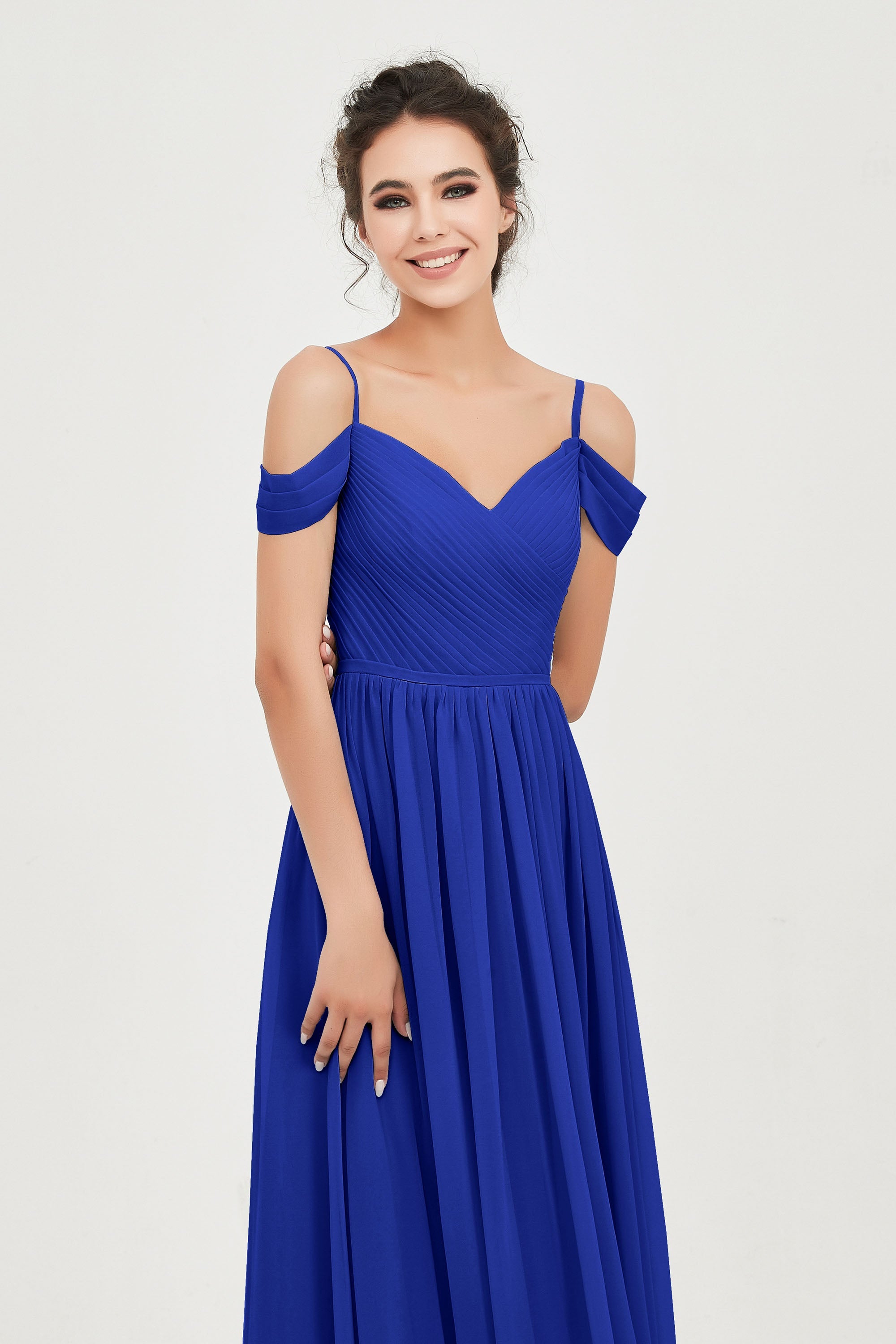 Spaghetti Straps Chiffon Pleated Ruched Bridesmaid Dress Long Formal Evening Dresses Gowns
