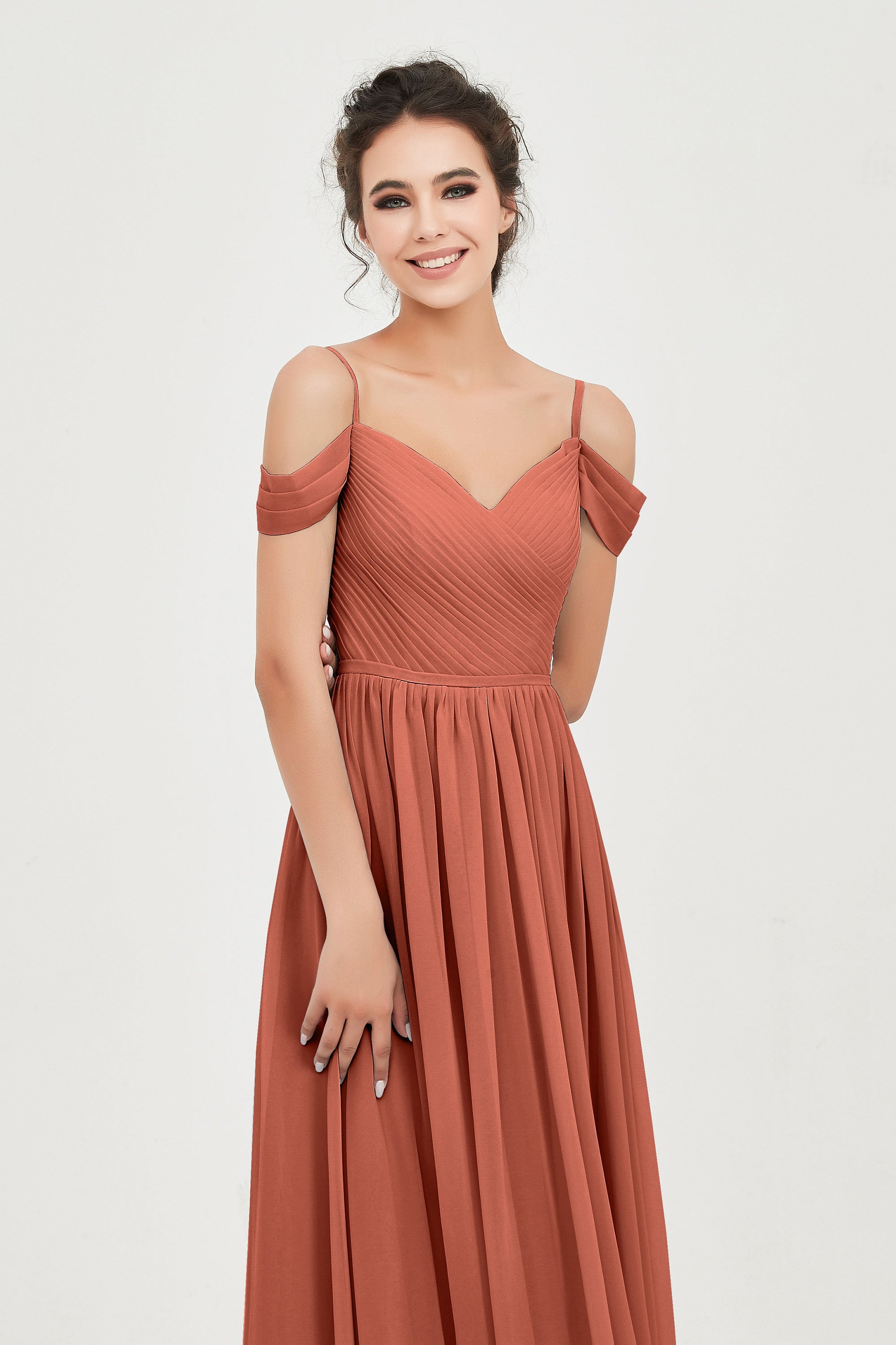 Spaghetti Straps Chiffon Pleated Ruched Bridesmaid Dress Long Formal Evening Dresses Gowns