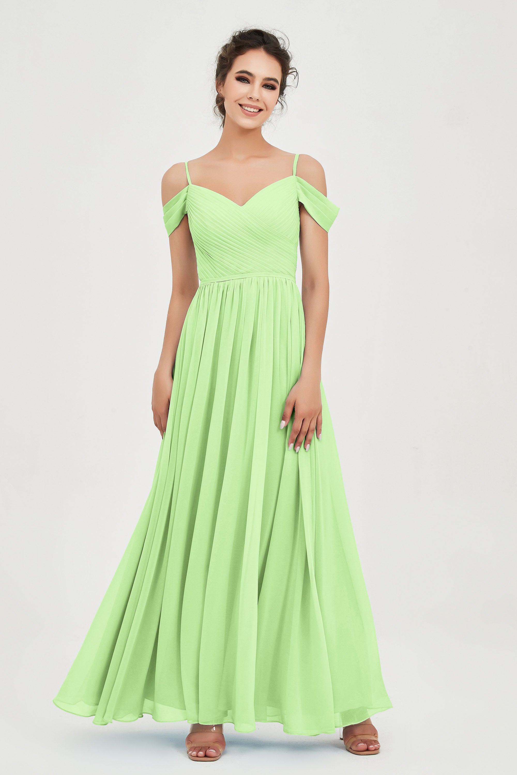 Spaghetti Straps Chiffon Pleated Ruched Bridesmaid Dress Long Formal Evening Dresses Gowns