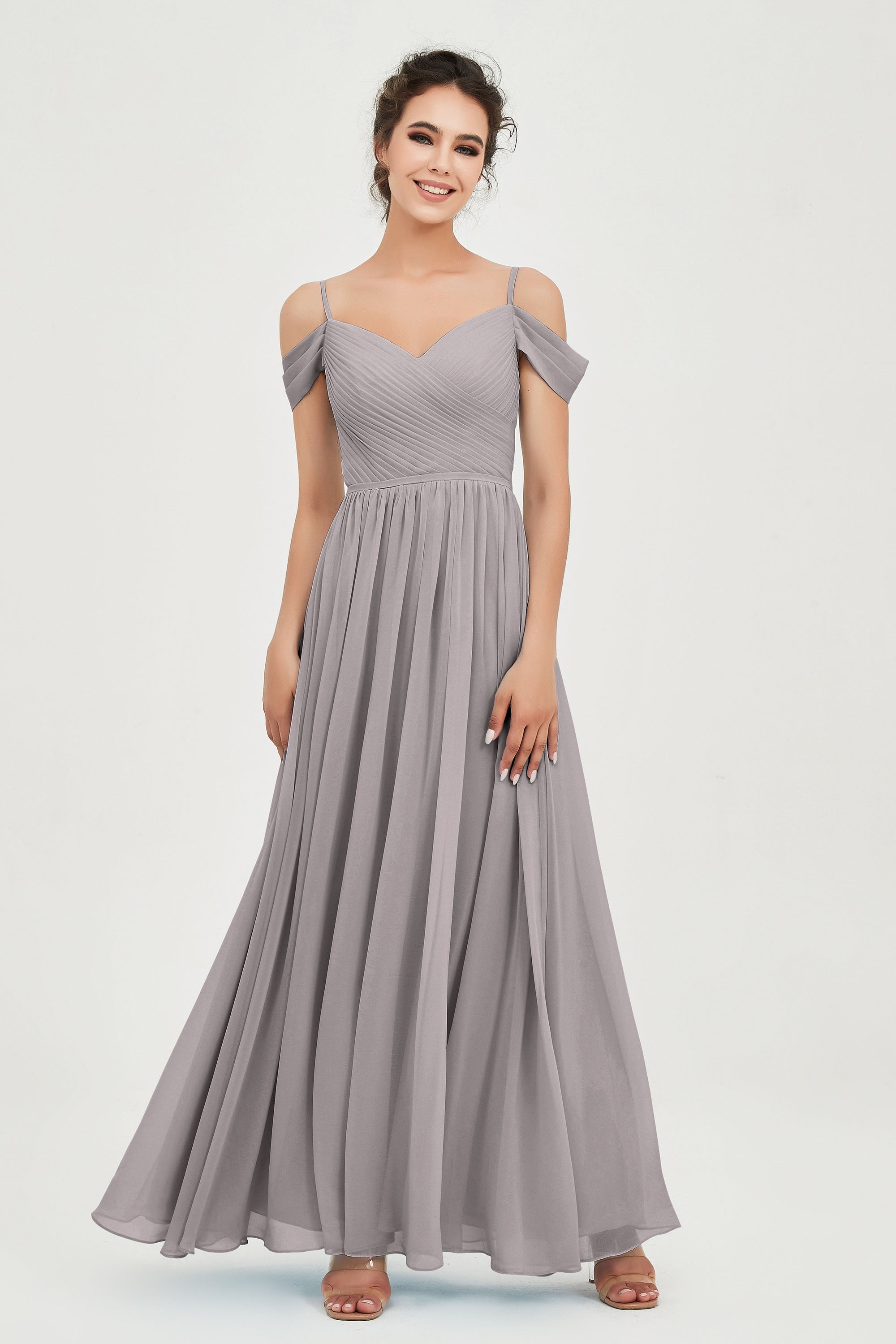 Spaghetti Straps Chiffon Pleated Ruched Bridesmaid Dress Long Formal Evening Dresses Gowns