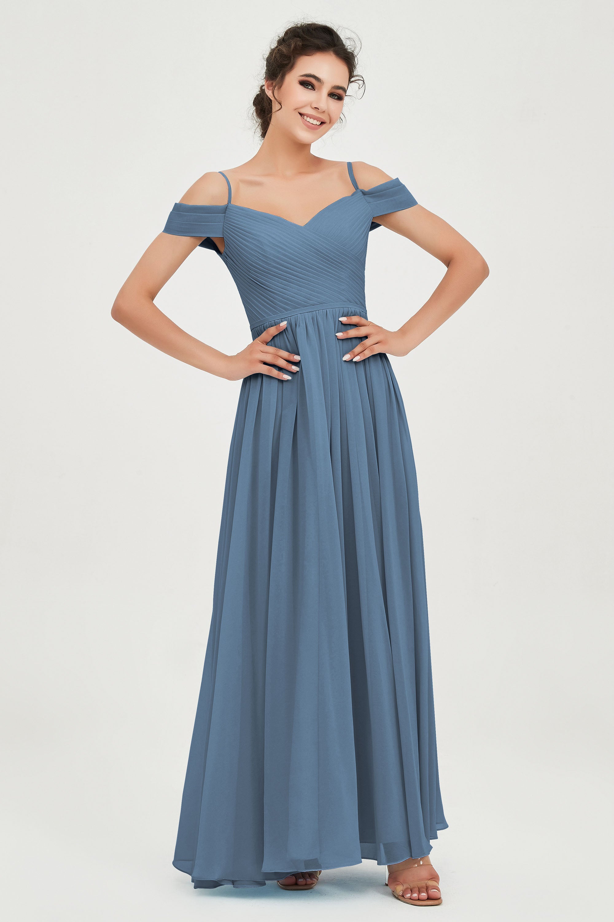 Spaghetti Straps Chiffon Pleated Ruched Bridesmaid Dress Long Formal Evening Dresses Gowns