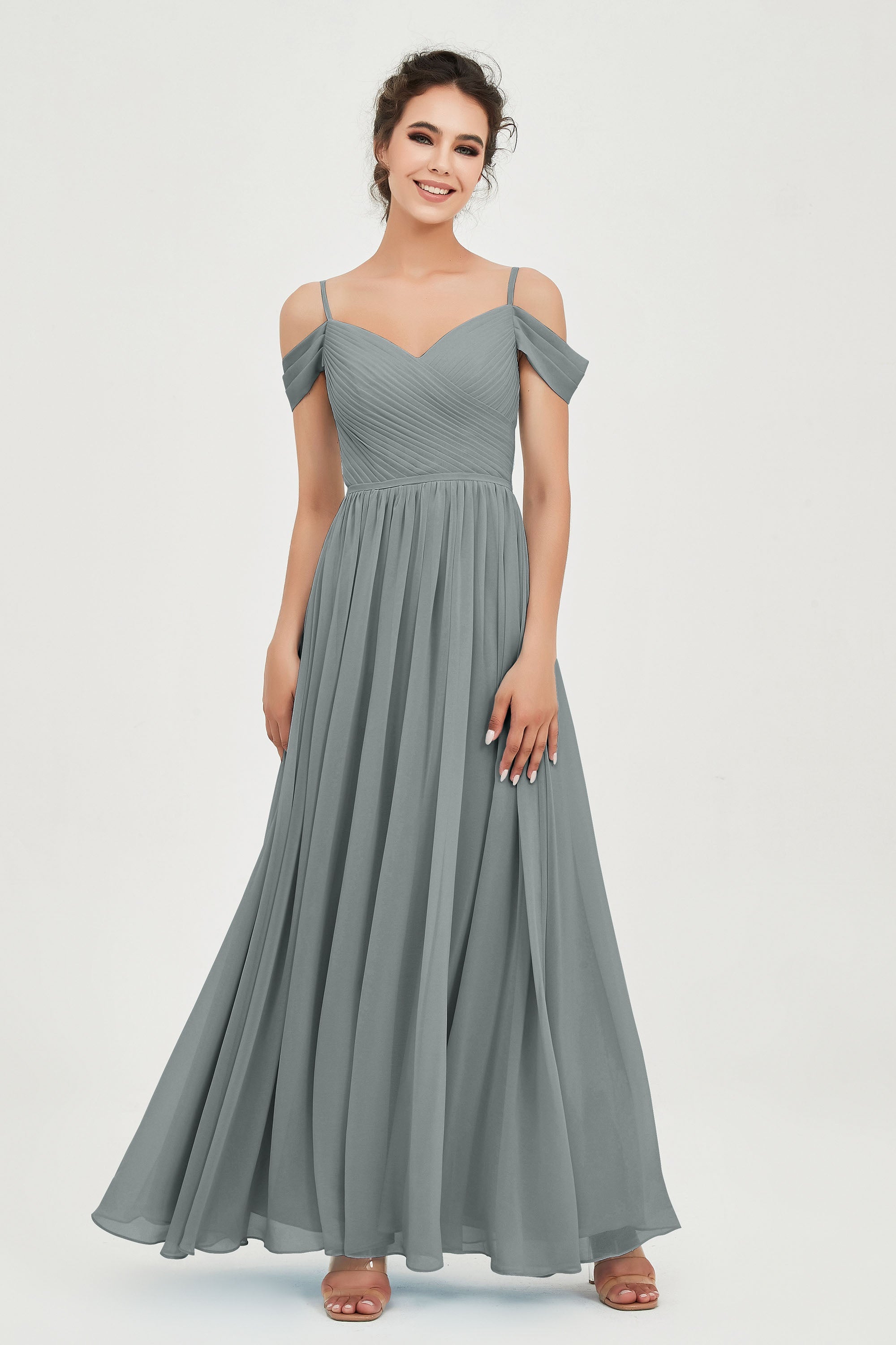 Spaghetti Straps Chiffon Pleated Ruched Bridesmaid Dress Long Formal Evening Dresses Gowns