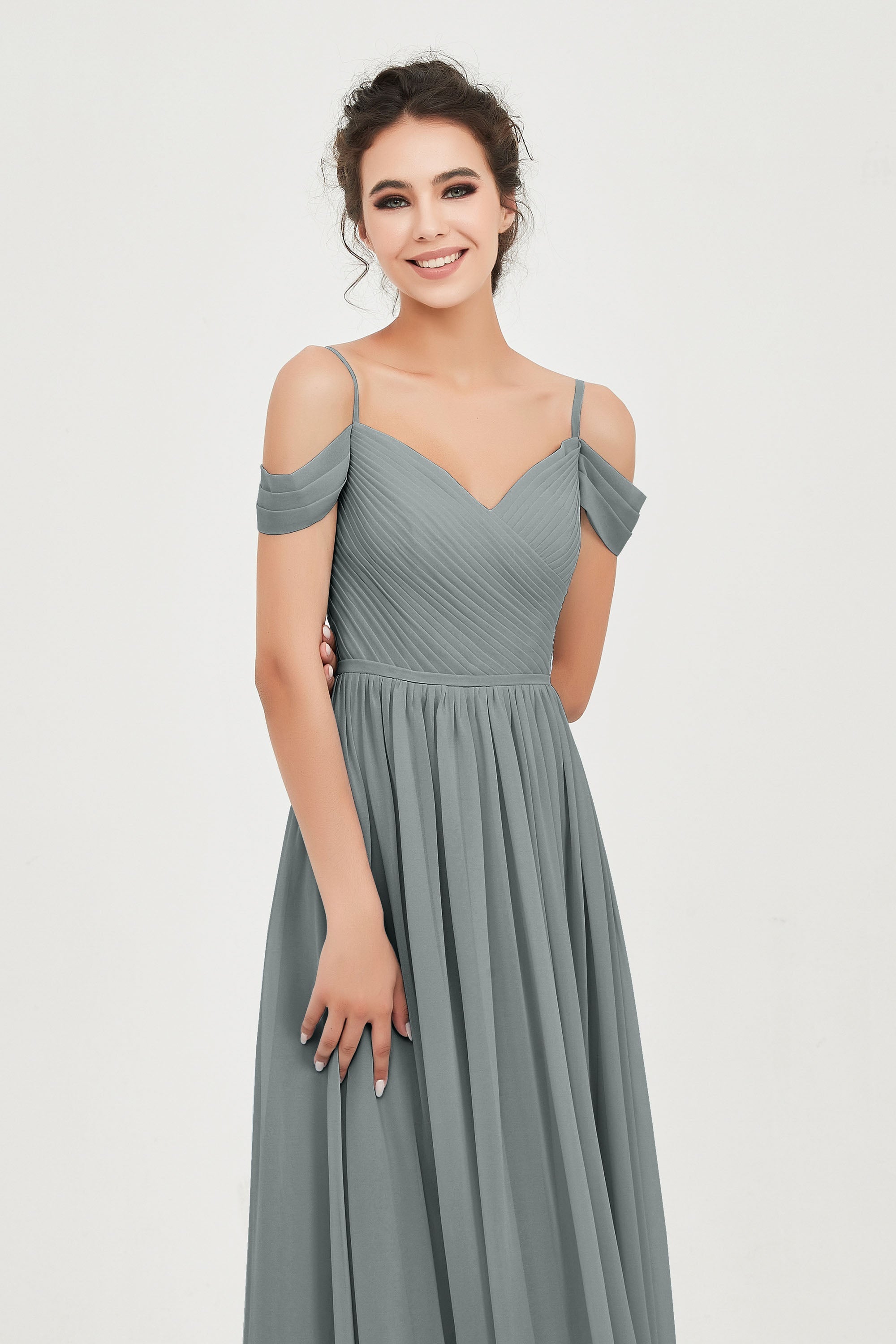Spaghetti Straps Chiffon Pleated Ruched Bridesmaid Dress Long Formal Evening Dresses Gowns