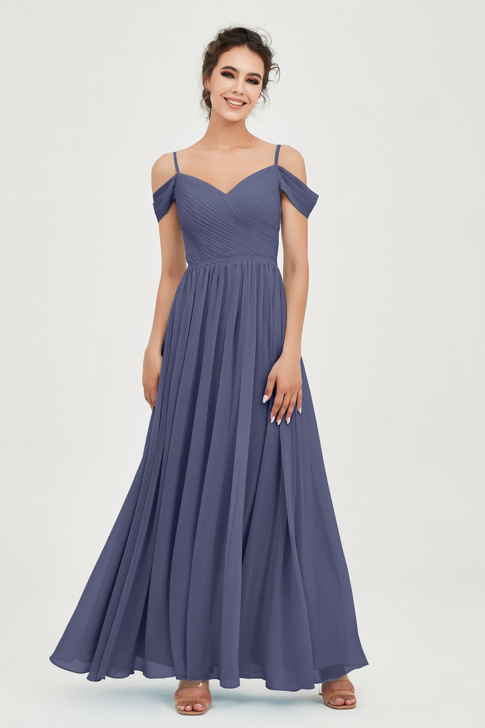 Spaghetti Straps Chiffon Pleated Ruched Bridesmaid Dress Long Formal Evening Dresses Gowns